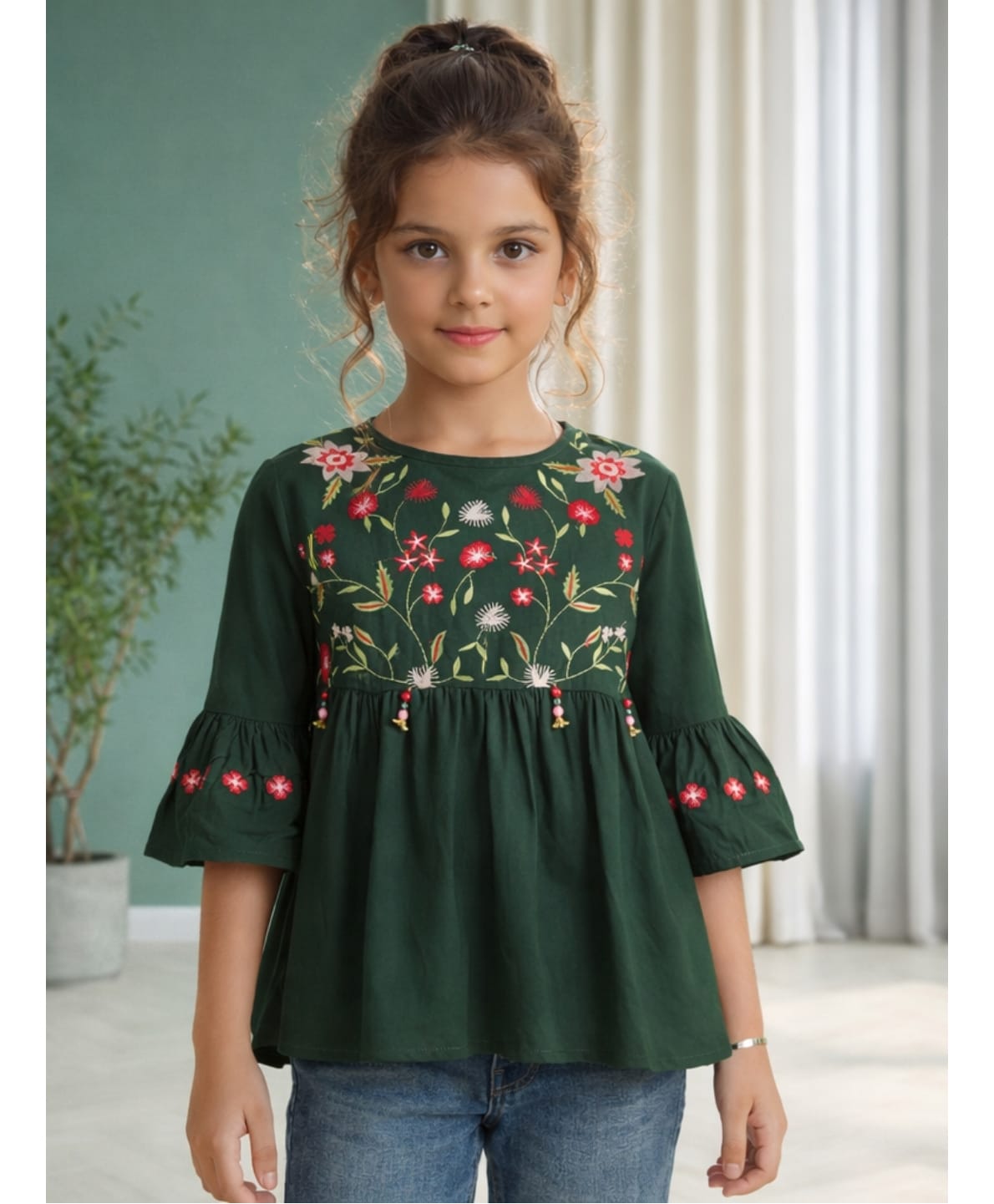 ISHTI Rayon Woven Three Fourth Sleeves Floral Embroidered Beads Embellished Top - Bottle Green-picture-33