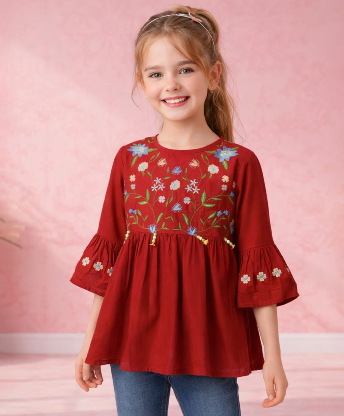 ISHTI Rayon Woven Three Fourth Sleeves Floral Embroidered Beads Embellished Top - Maroon-picture-39