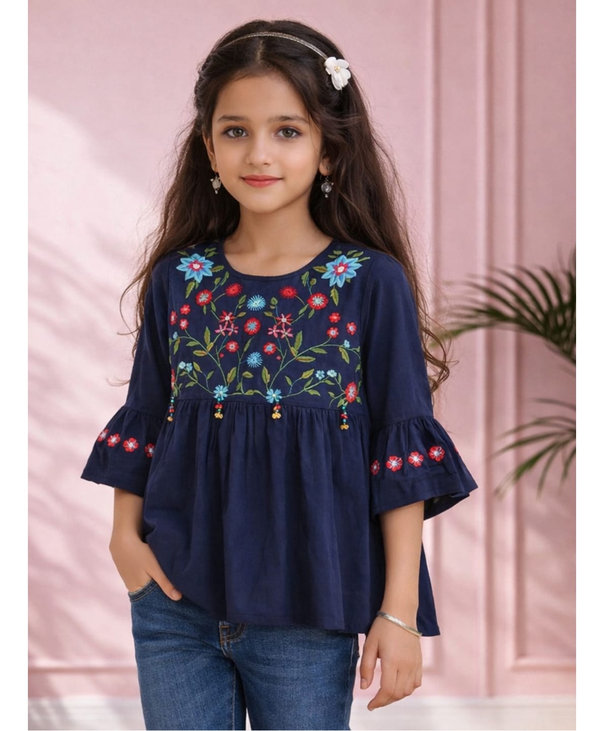 ISHTI Rayon Woven Three Fourth Sleeves Floral Embroidered Beads Embellished Top - Navy Blue-picture-31