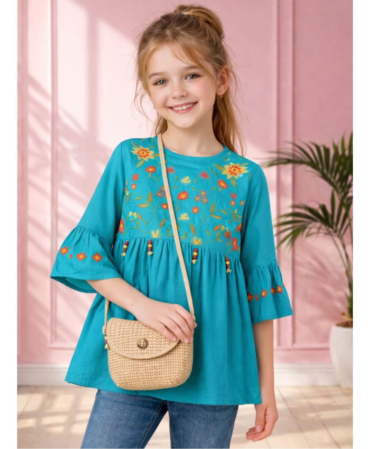 ISHTI Rayon Woven Three Fourth Sleeves Floral Embroidered Beads Embellished Top - Rama Green-picture-38