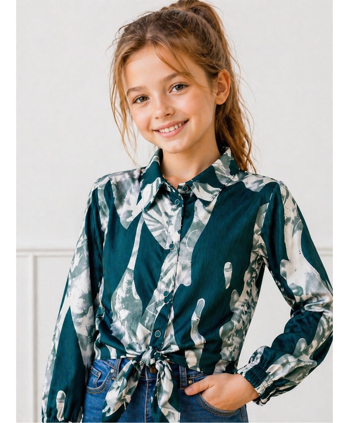 ISHTI Modal Woven Full Sleeves Abstract Printed Shirt Style Top - Teal Blue-image-32