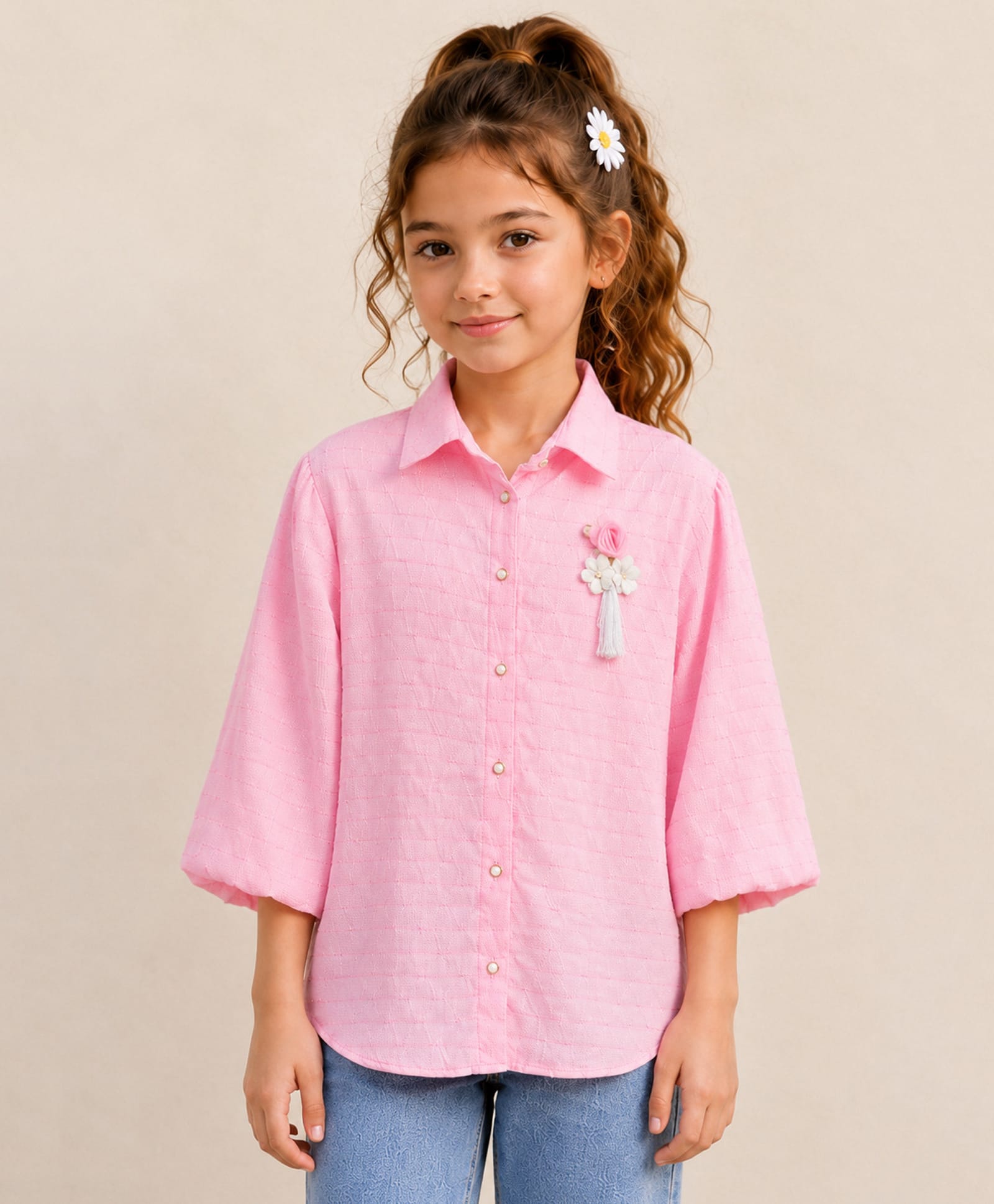 Ishti Modal Woven Three Fourth Floral Applique Detailed Top - Pink-picture-12