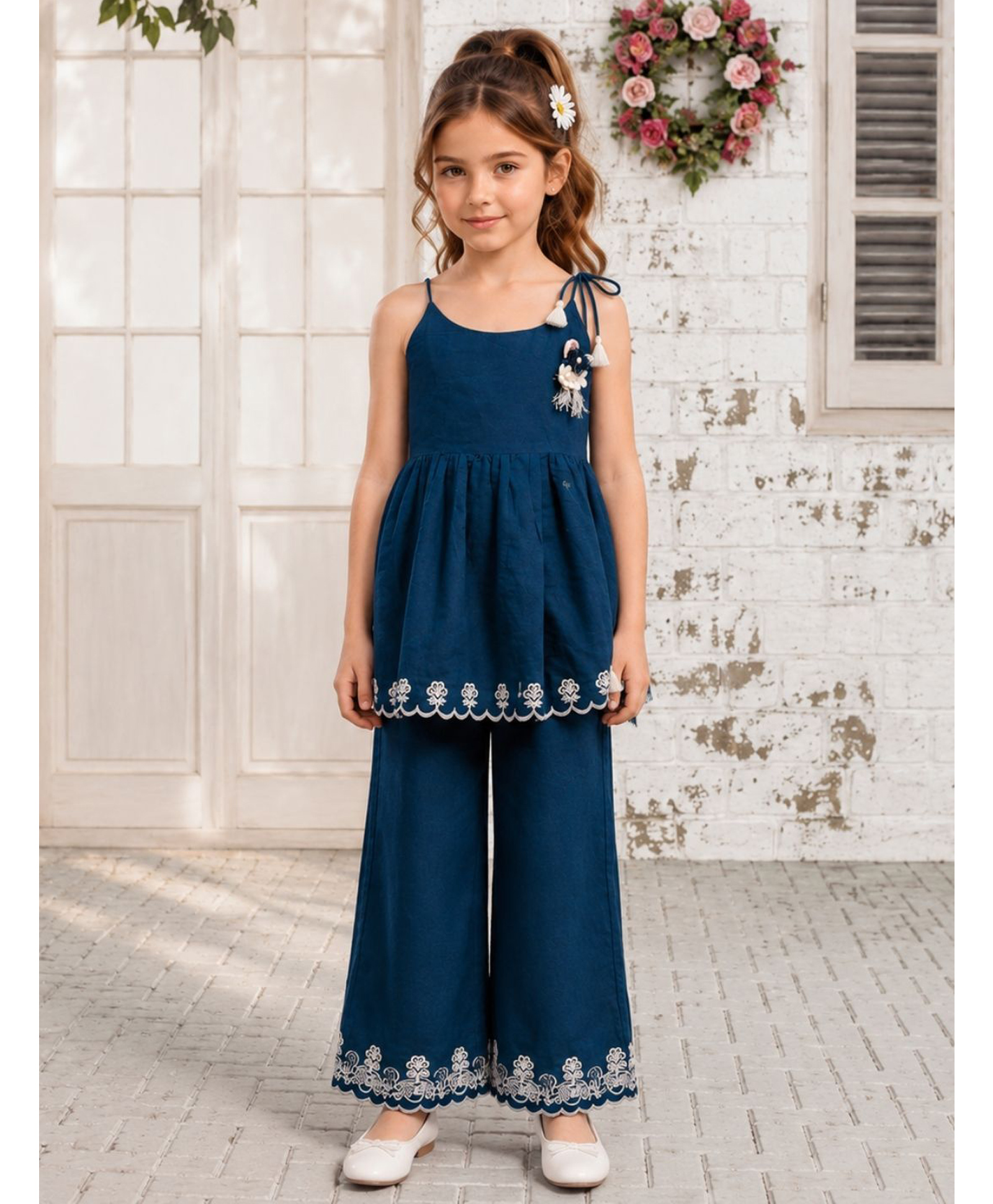 ISHTI Georgette Woven Sleeveless Floral Applique Detailed Top & Pants Set - Teal-image-22