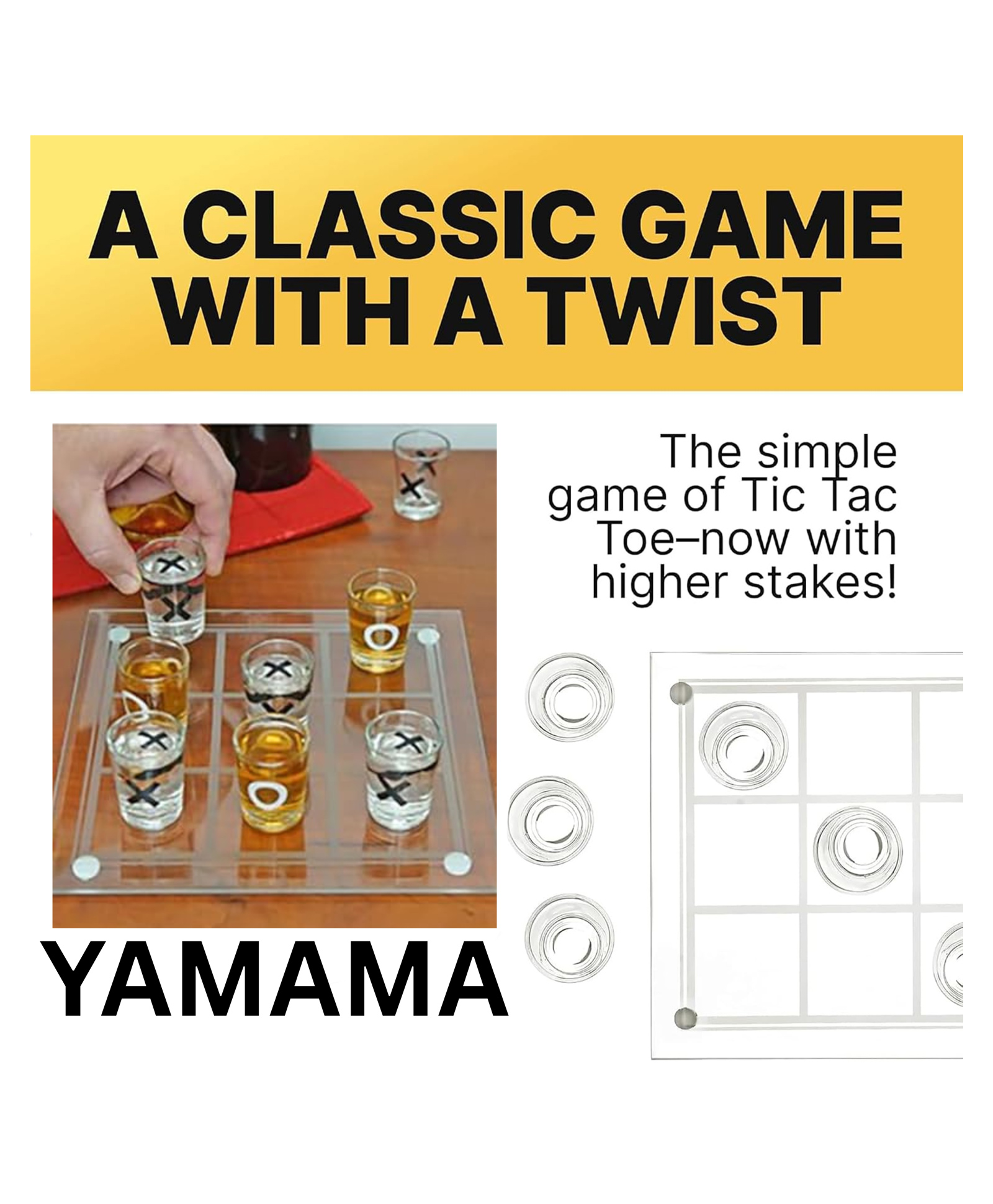 YAMAMA Multi-Function X And 0 Tic Tac Toe Shot Glass Drinking Board Game with Etched Glass Play Board and Clear Printed Glasses for Adults Party Night - White & Golden-image-3