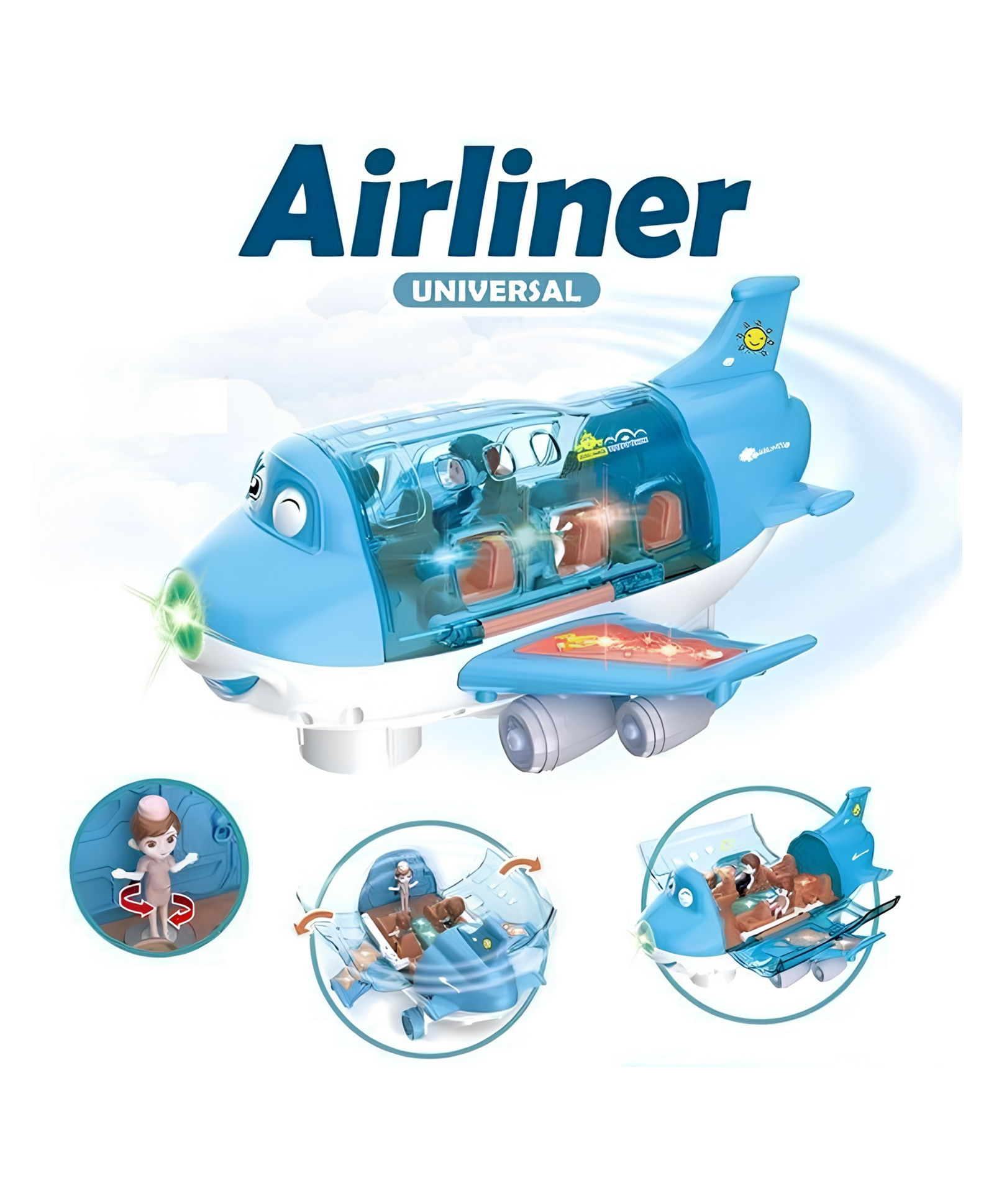 YAMAMA Aviation Universal Electric Stunt Passenger Airliner Toy, Bump & Go Musical Toy Airplane with Automatic Opening Cabin Shell, 3D Flashing LED Lights and Rotating Flight Attendant Figurine - Blue-image-36