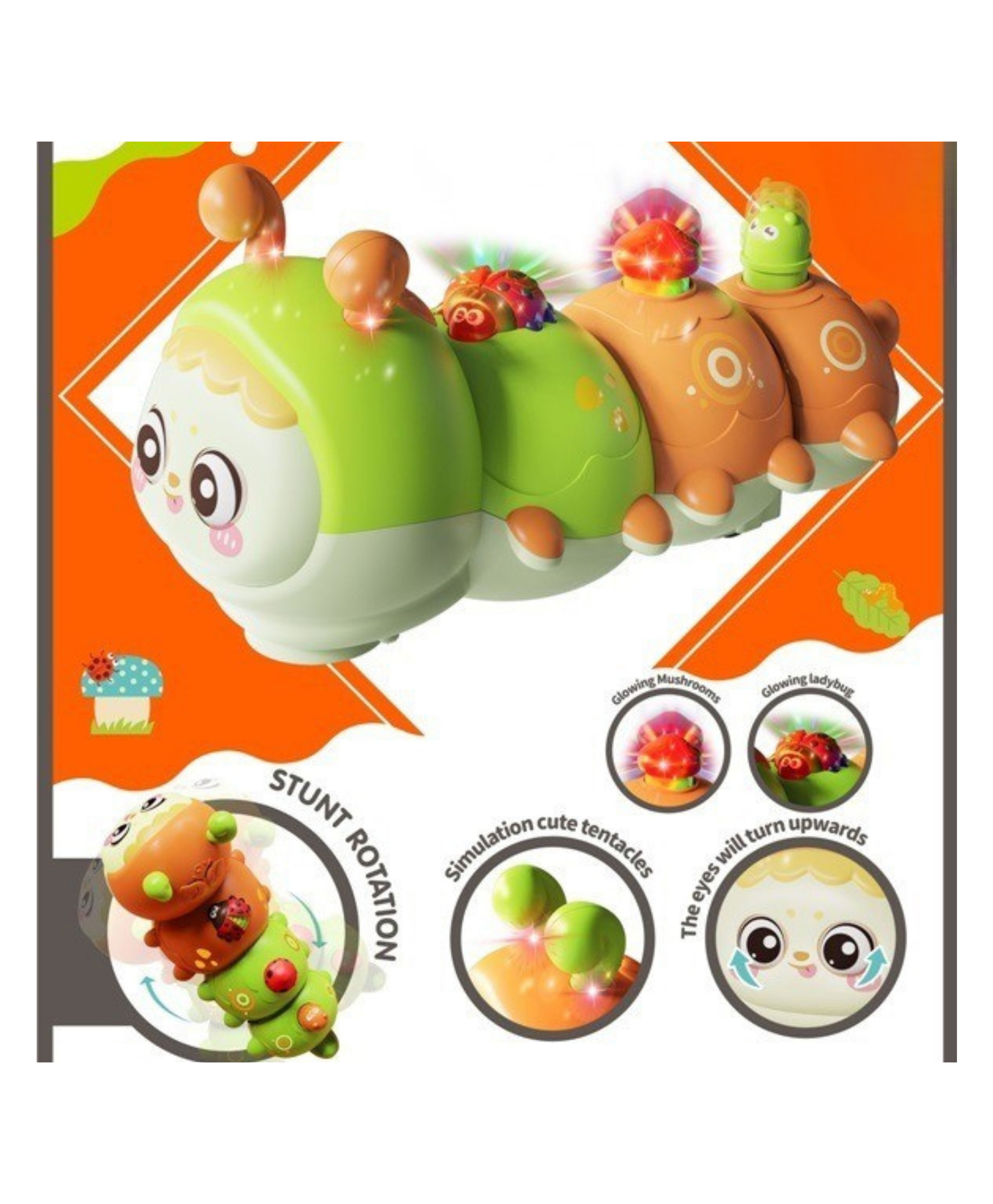 YAMAMA Caterpillar Toy, 360-Degree Rotating Musical Crawling Toy with Upward Turning Blinking Eyes, Glowing Simulation Cute Antennas and Light-Up Garden Mushroom & Ladybug Figures - Color May Vary-image-16