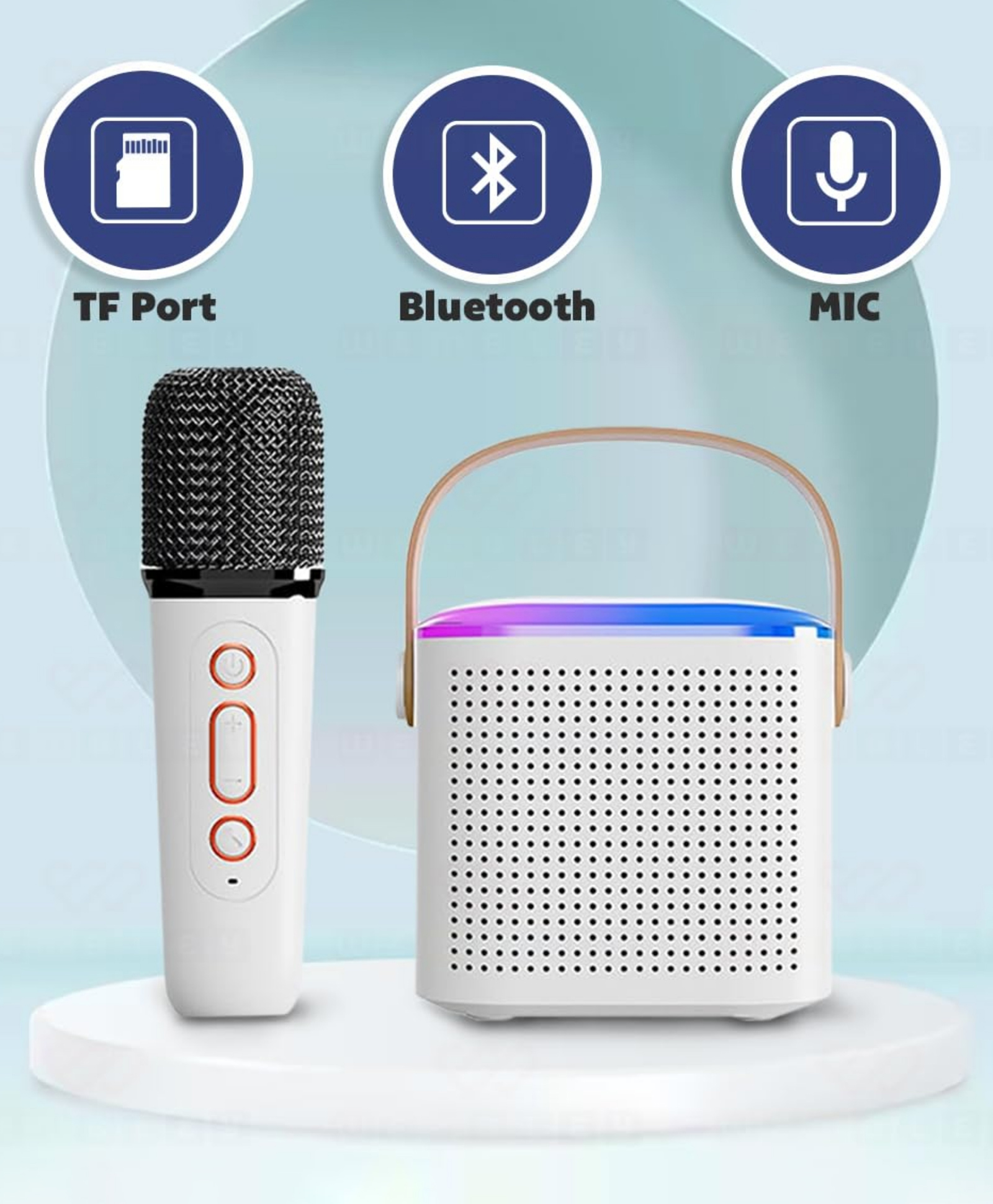 YAMAMA Special Edition Y1 Wireless Karaoke Speaker with Microphone, Portable Bluetooth Party Speaker with Multi-Color RGB Lighting, Leather Handle, TF Card Input & Echo Vocal Effects - Color May Vary-image-5