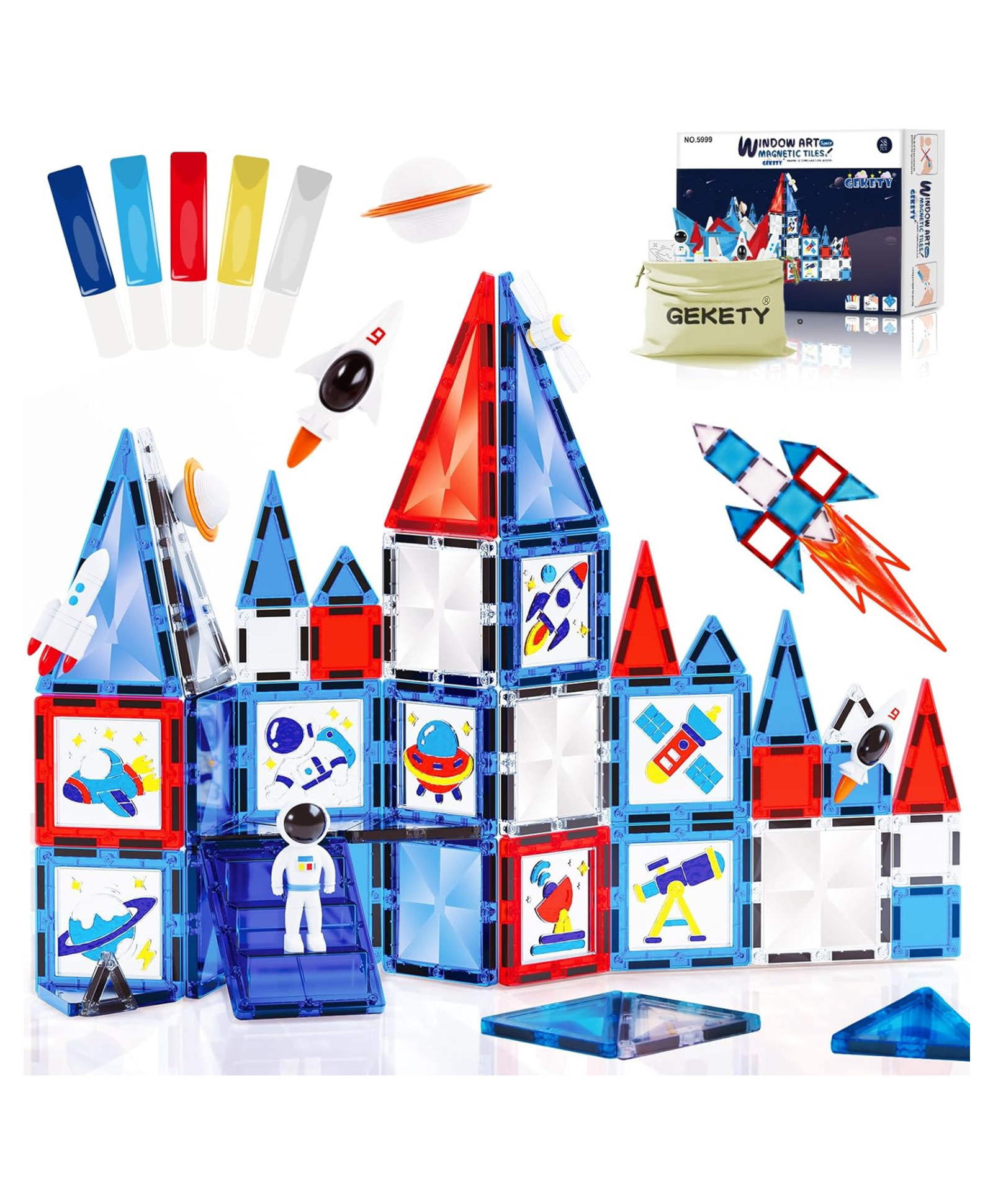 YAMAMA 58 Pcs Window Art Space Magnetic Tiles Toys for Kids, 58-Piece DIY Colorable 3D Stem Construction Building Blocks Set with Astronaut Figurine and Liquid Chalk Markers - Blue-image-1