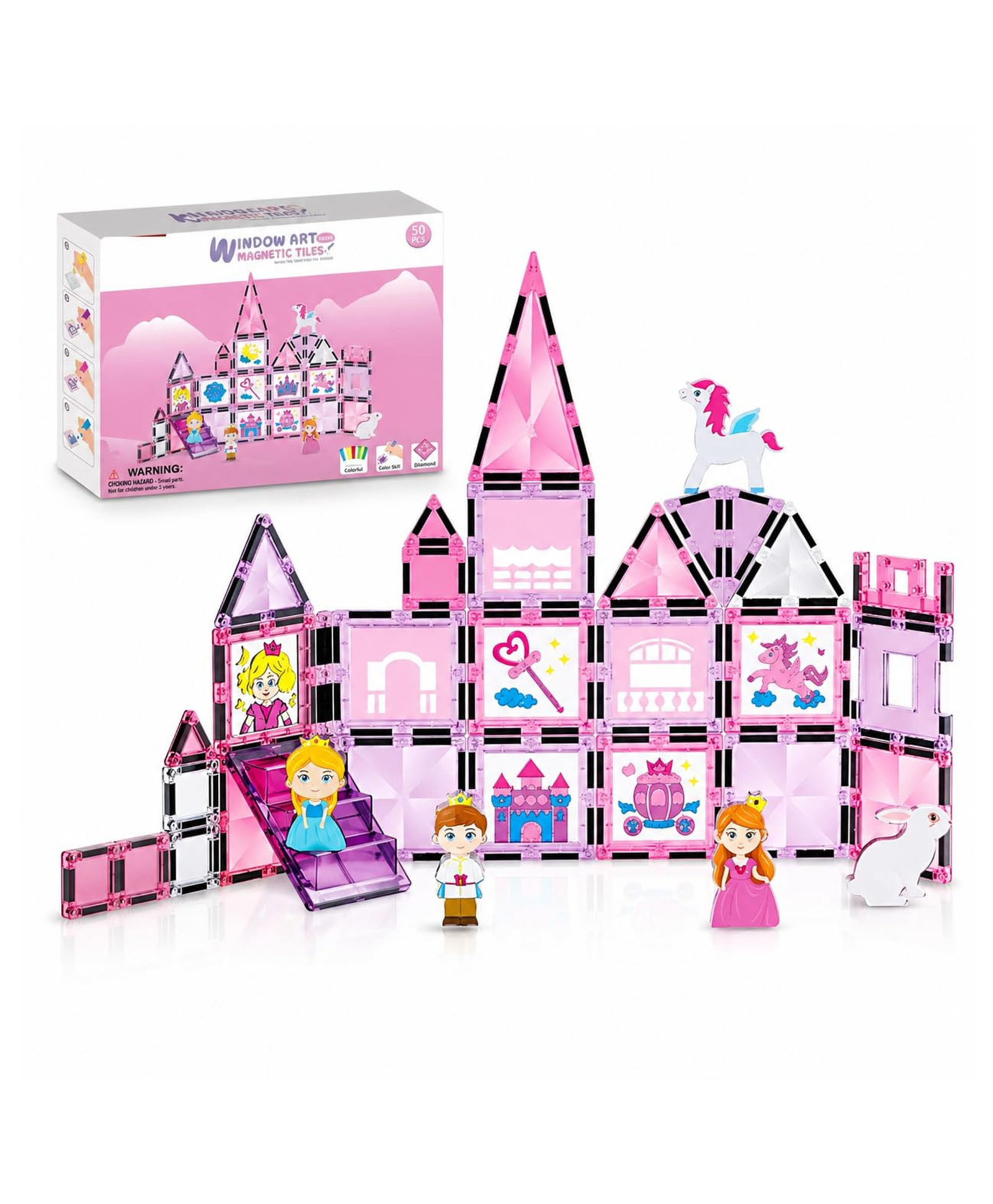 YAMAMA 50 Pcs Kaleidoscope Magnetic Tiles Toy for Kids, 50-Piece DIY Colorable 3D Princess Castle STEM Construction Building Blocks Set with Princess Figurines and Liquid Chalk Markers - Pink-picture-20