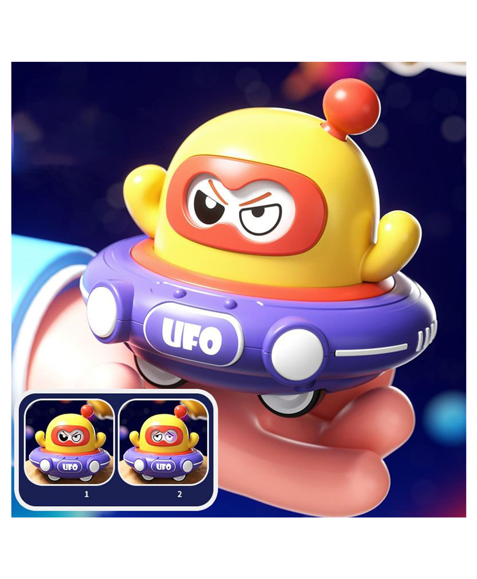 YAMAMA Double Face Changing UFO Toy Friction Powered Push & Go Alien Spacecraft Car for Kids, Cute Inertial Vehicle with Moving Expressions Toys for Kids - Pack of 1 - Color & Design May Vary-picture-20