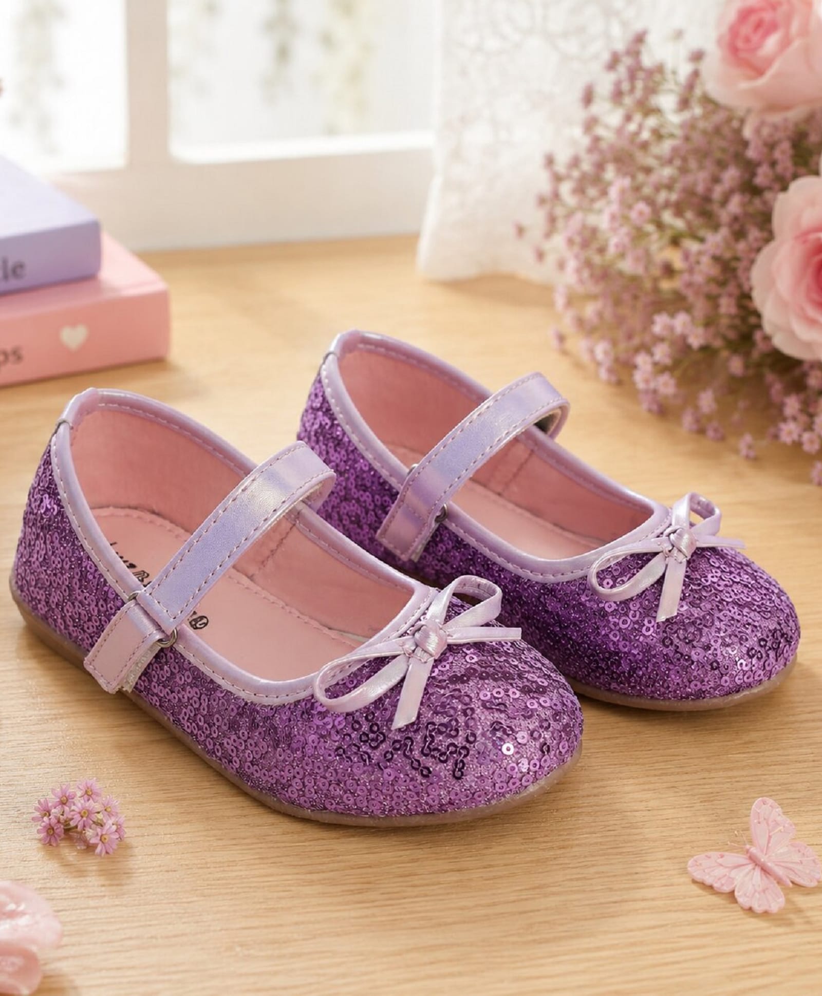 boyz n galz Bow Applique Detailed & Sequin Embellished Velcro Closure Ballerinas - Lavender-image-46