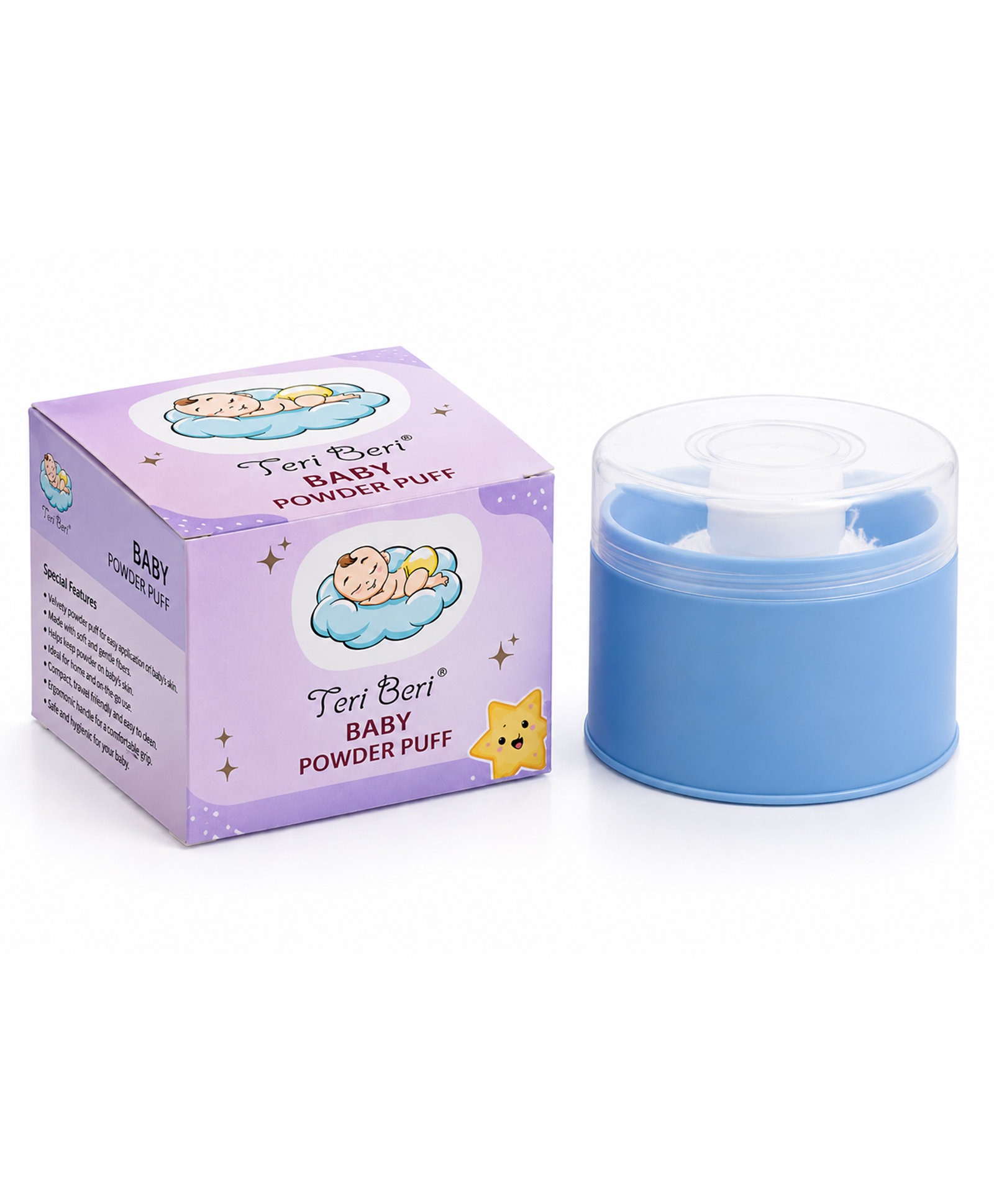 Teri Beri Bpa Free Baby Powder Puff Box,Large Fluffy Body After-Bath Powder Case,Baby Care Villus Powder Puff Container (Blue)-image-48