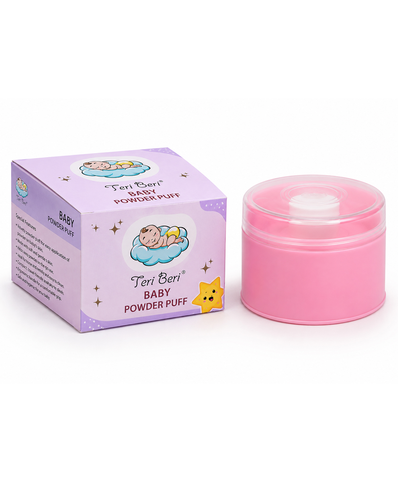 Teri Beri Bpa Free Baby Powder Puff Box,Large Fluffy Body After-Bath Powder Case,Baby Care Villus Powder Puff Container (Pink)-image-37