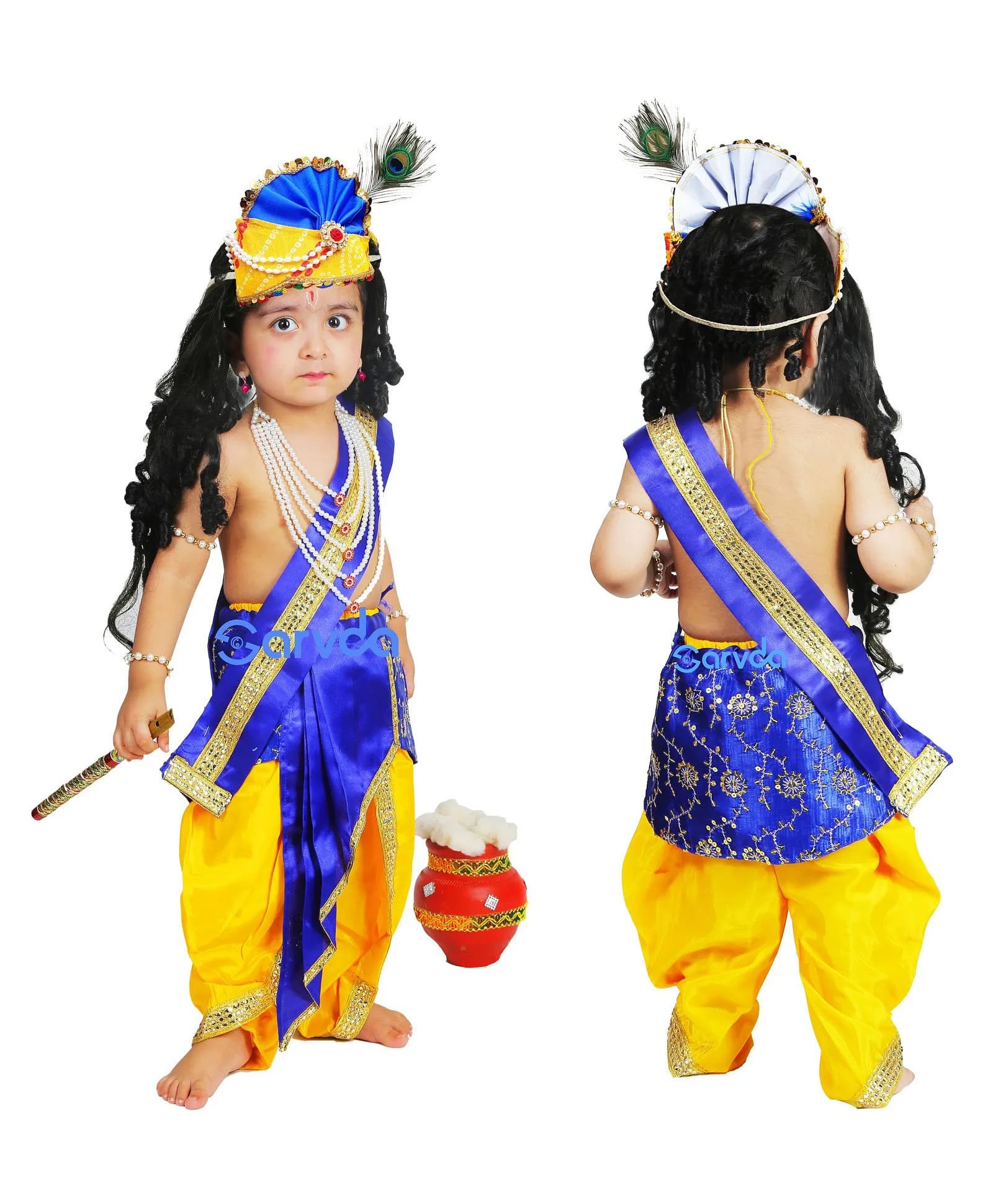 Sarvda Silk Woven Janmashtami Theme Kanha Fancy Dress Costume Set - Blue & Yellow-picture-16