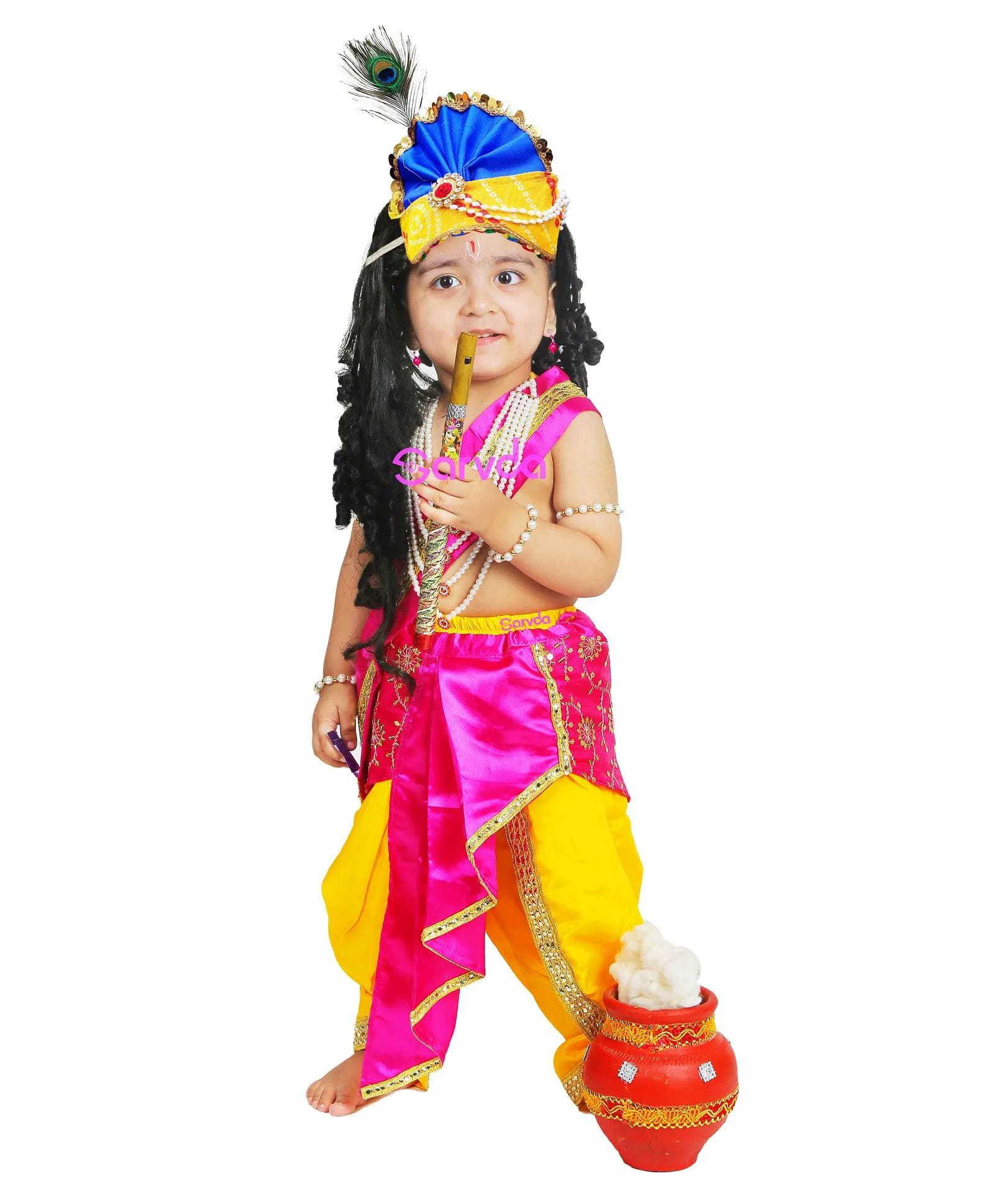 Sarvda Silk Janmashtami Theme Lord Krishna Fancy Dress Costume Set - Pink & Yellow-image-9