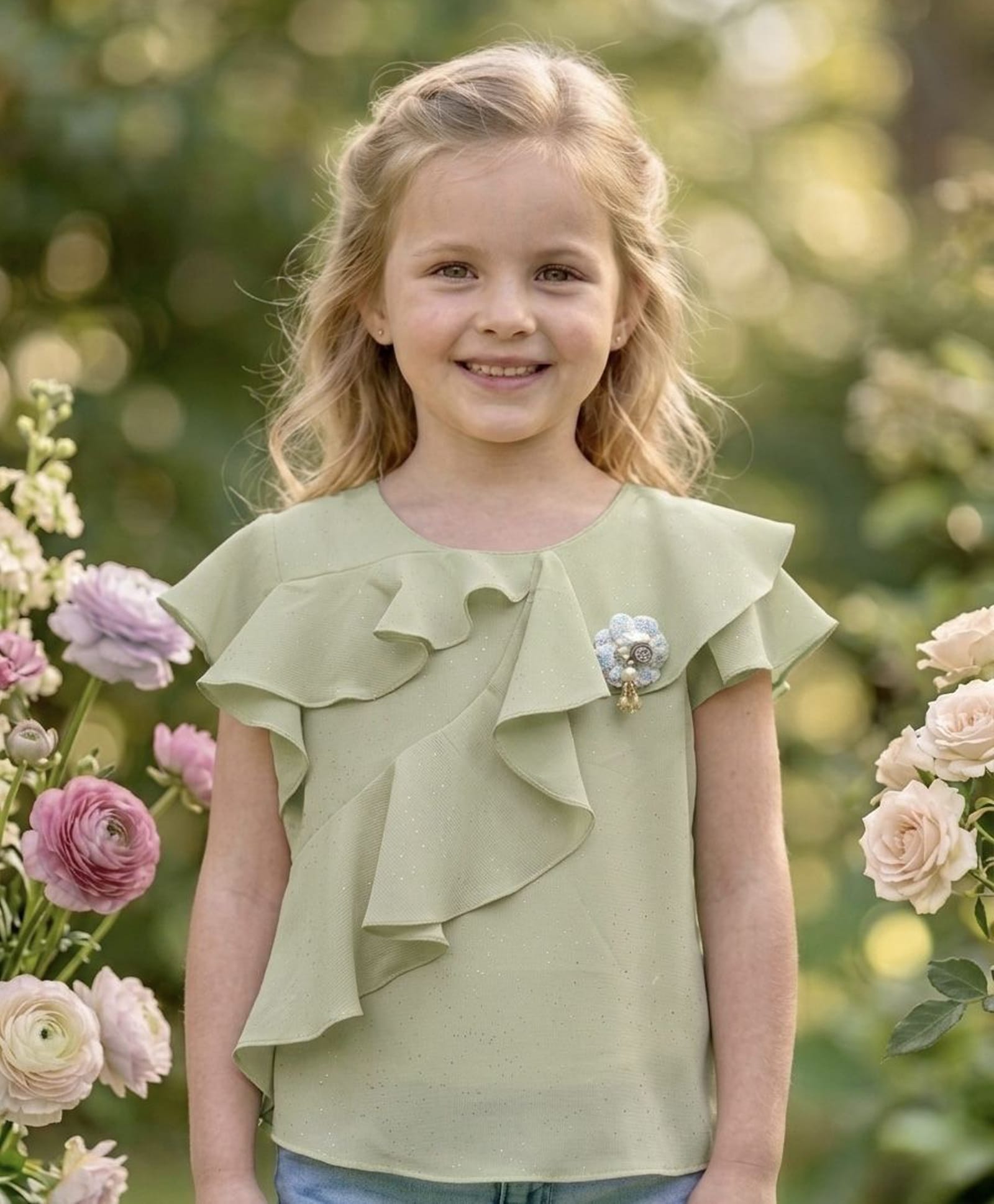 Truffles Chiffon Woven Half Sleeves Floral Applique Detailed & Shimmered Top - Green-picture-16