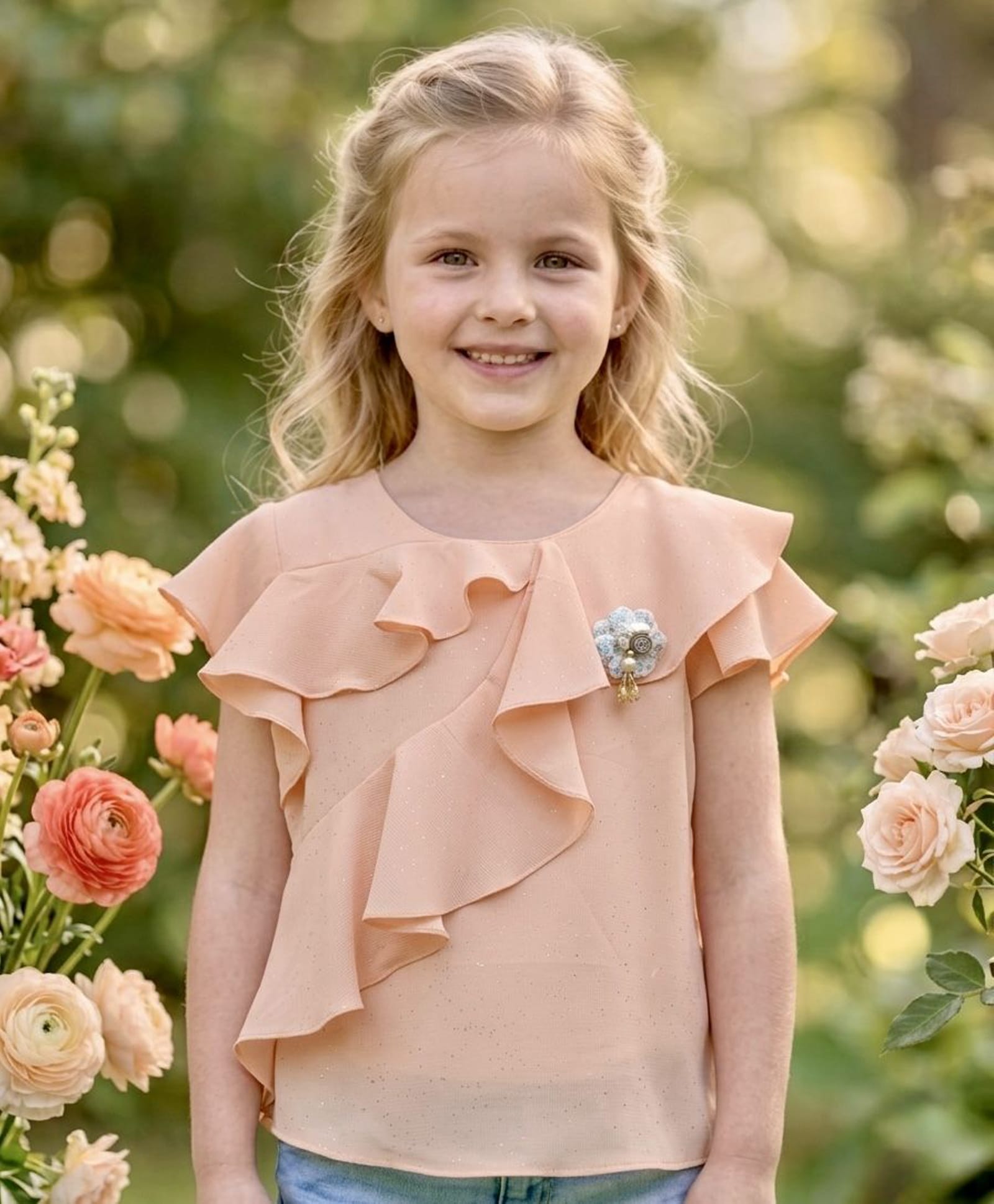 Truffles Chiffon Woven Half Sleeves Floral Applique Detailed & Shimmered Top - Peach-picture-20