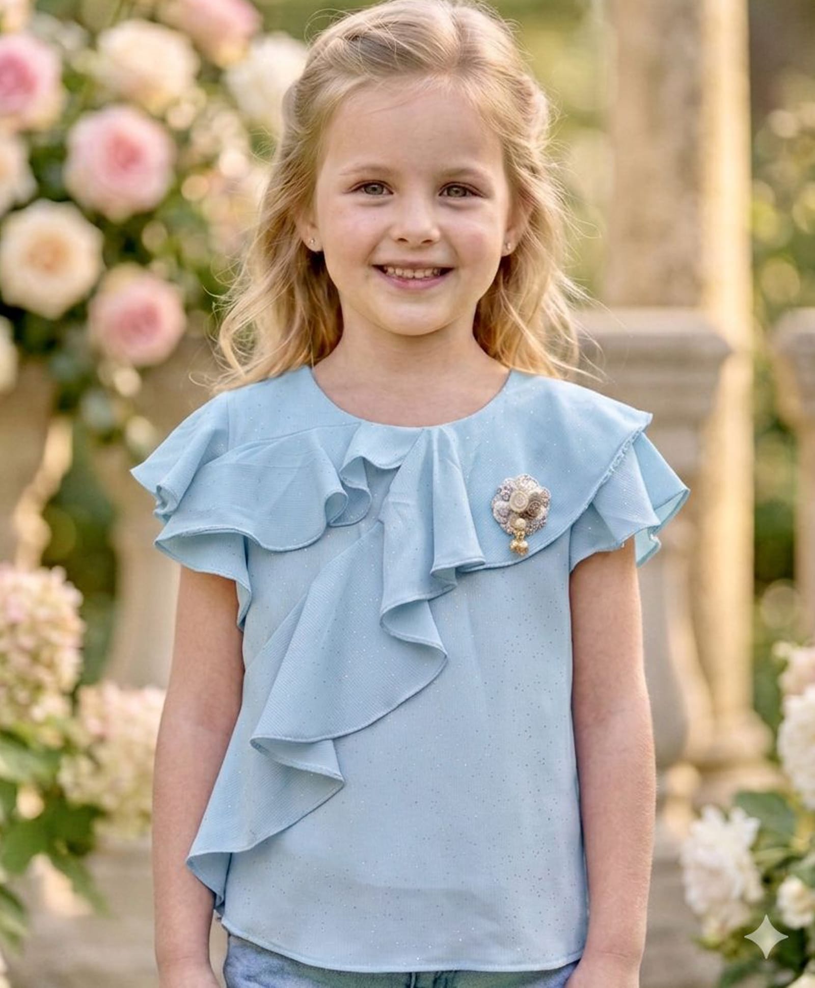 Truffles Chiffon Woven Half Sleeves Floral Applique Detailed & Shimmered Top - Sky Blue-picture-23