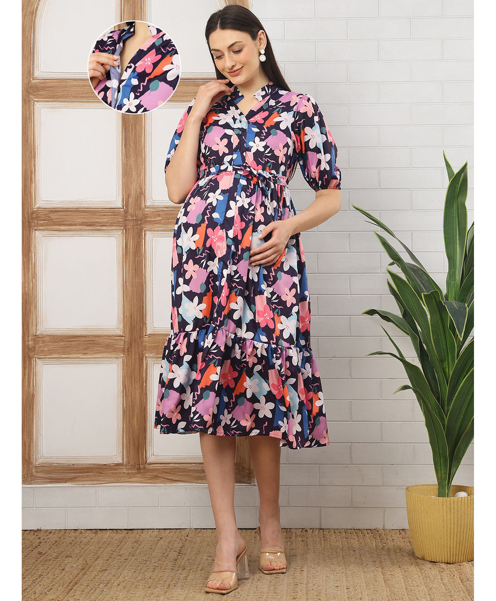 Moms Maternity Moss Crepe Woven Half Puffed Sleeves Floral Printed Maternity Shirt Dress With Front Open Nursing Access - Navy Blue-image-48