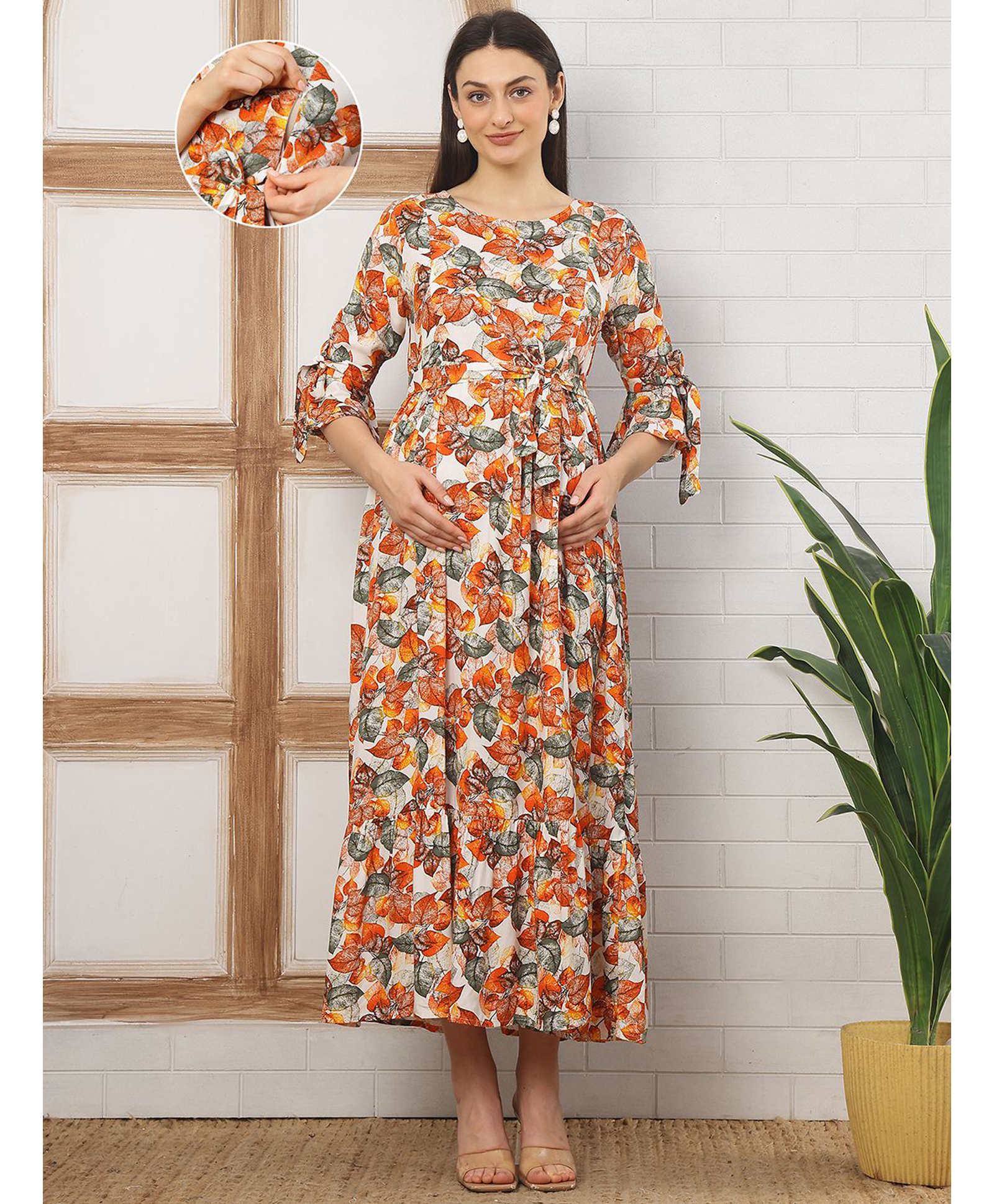 Moms Maternity Rayon Woven Three Fourth Bell Sleeves Floral Printed Maternity Dress With Side Zipper Nursing Access - Orange-picture-0