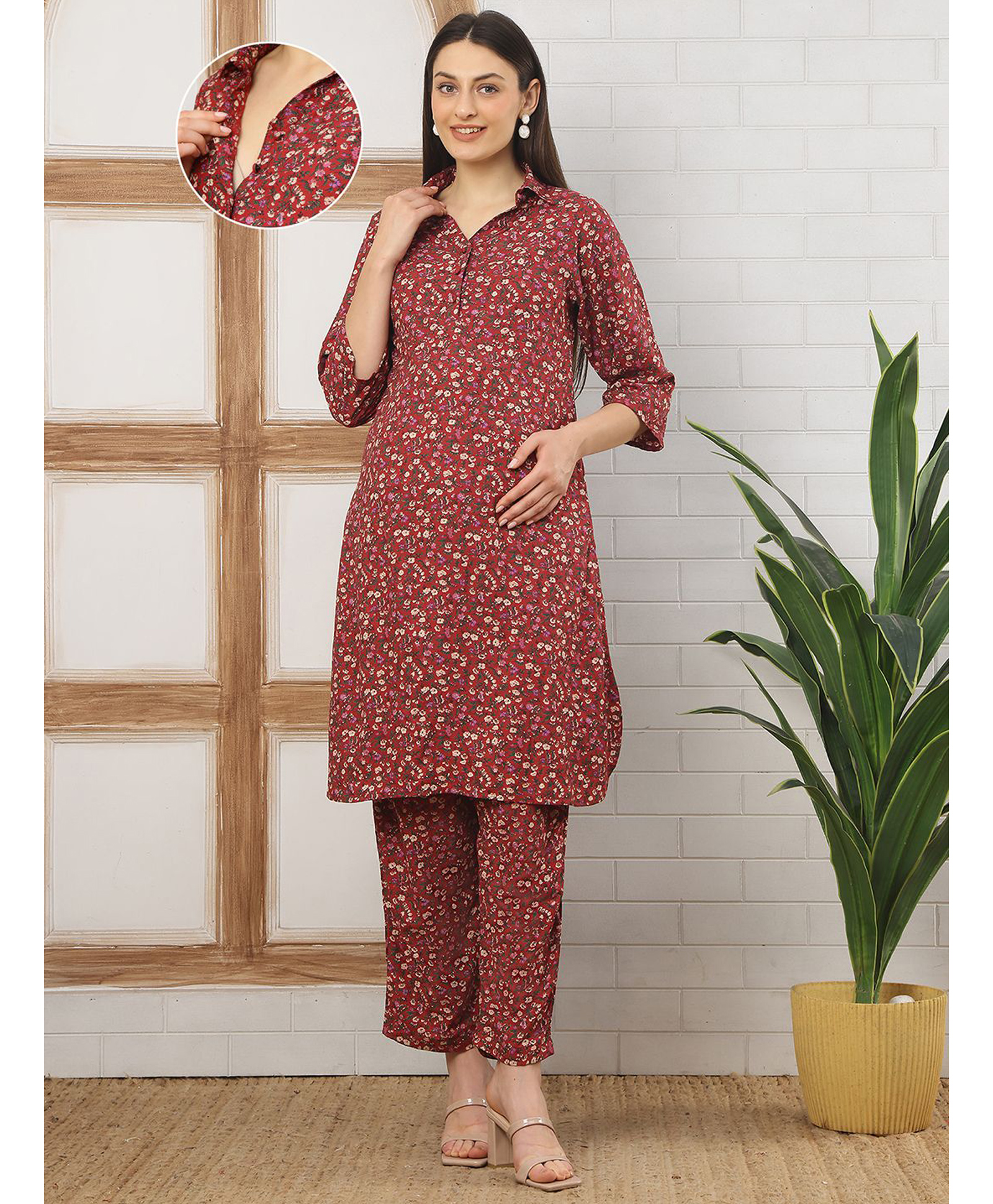 Moms Maternity Viscose Rayon Woven Three Fourth Sleeves Floral Printed Coordinating Maternity Kurti With Front Open Nursing Access & Pants Set - Multi Colour-picture-6