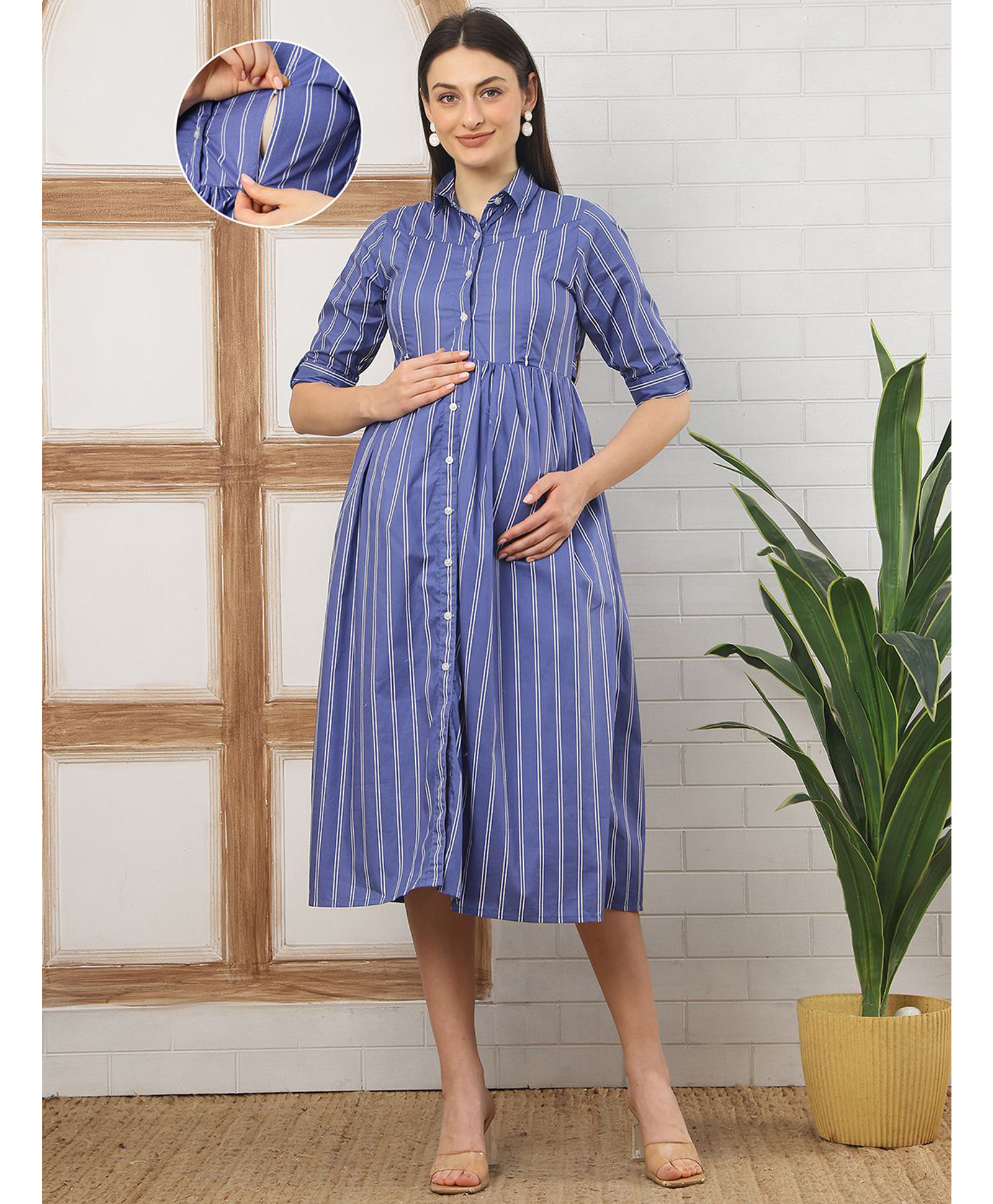 Moms Maternity Cotton Knit Three Sleeves Striped Maternity Dress With Side Zipper Nursing Access - Blue-image-1