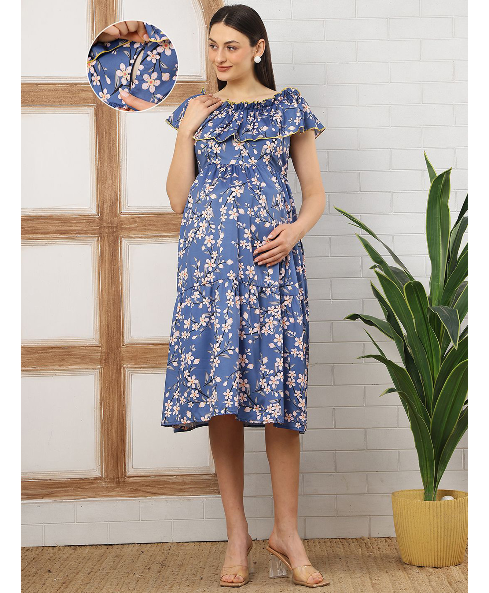 Moms Maternity Moss Crepe Woven Sleeveless Floral Printed Maternity Dress With Side Zipper Nursing Access - Blue-picture-27