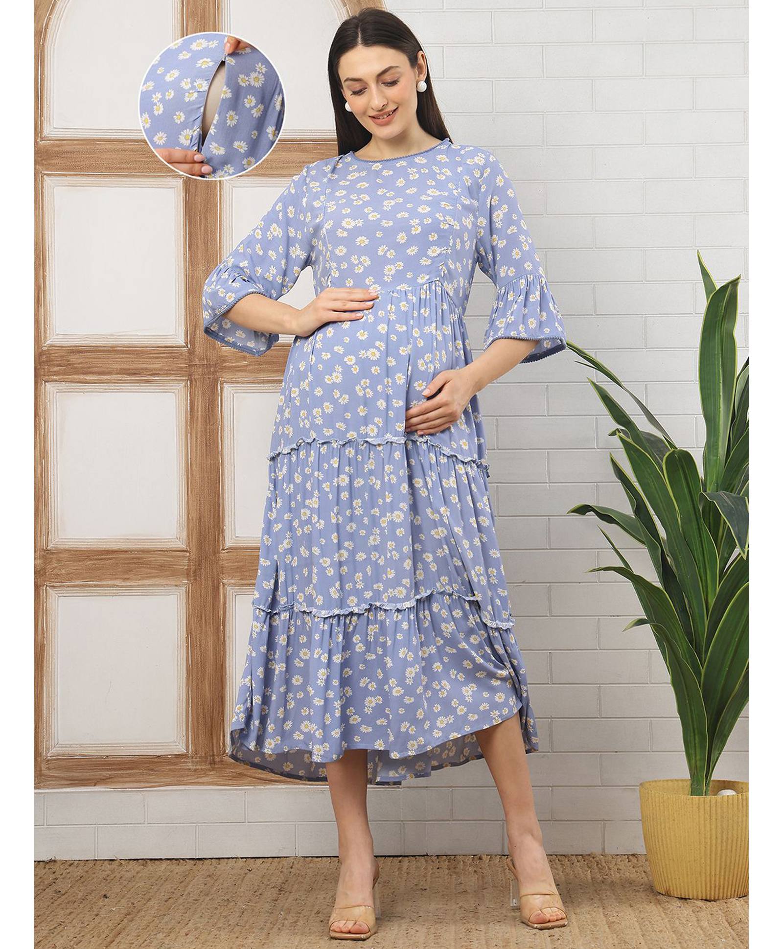 Moms Maternity Viscose Rayon Woven Three Fourth Bell Sleeves Floral Printed Tiered Maternity Dress With Side Zipper Nursing Access - Blue-picture-19