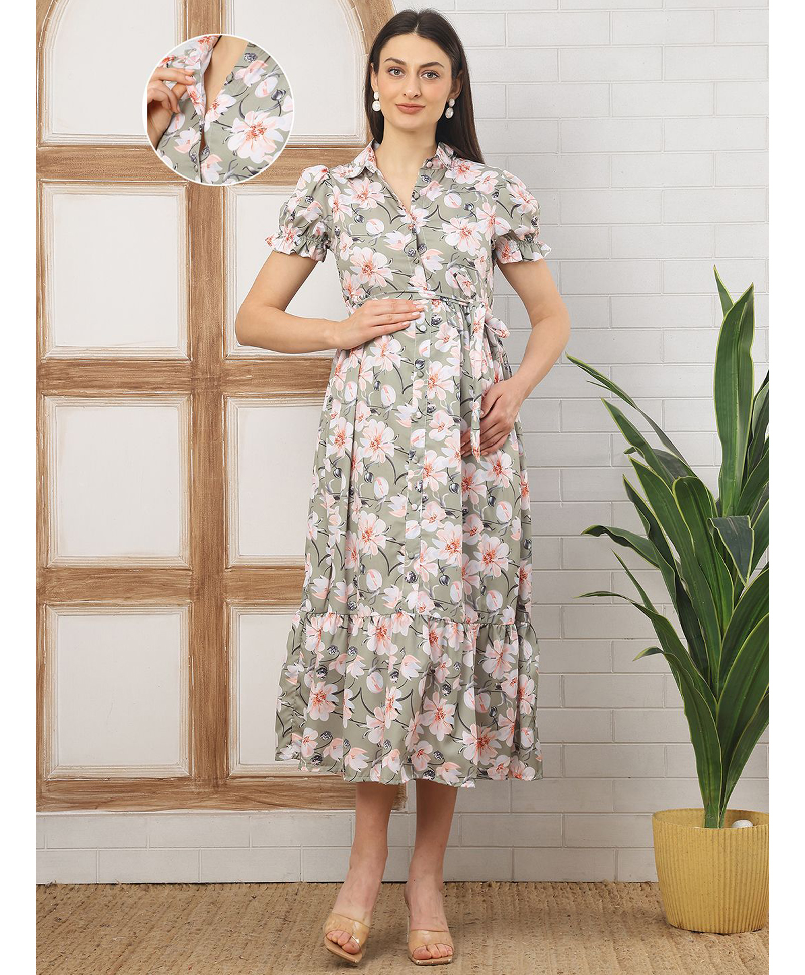 Moms Maternity Moss Crepe Woven Half Puffed Sleeves Floral Printed Maternity Shirt Style Dress With Front Open Nursing Access - Green-image-45