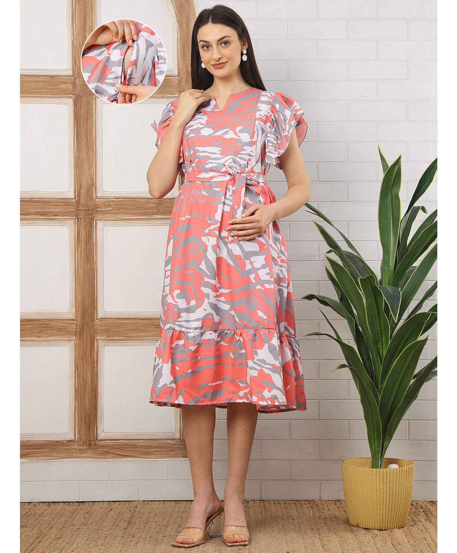 Moms Maternity Moss Crepe Woven Half Flutter Sleeves Abstract Printed Maternity Dress With Side Zipper Nursing Access - Pink-picture-10