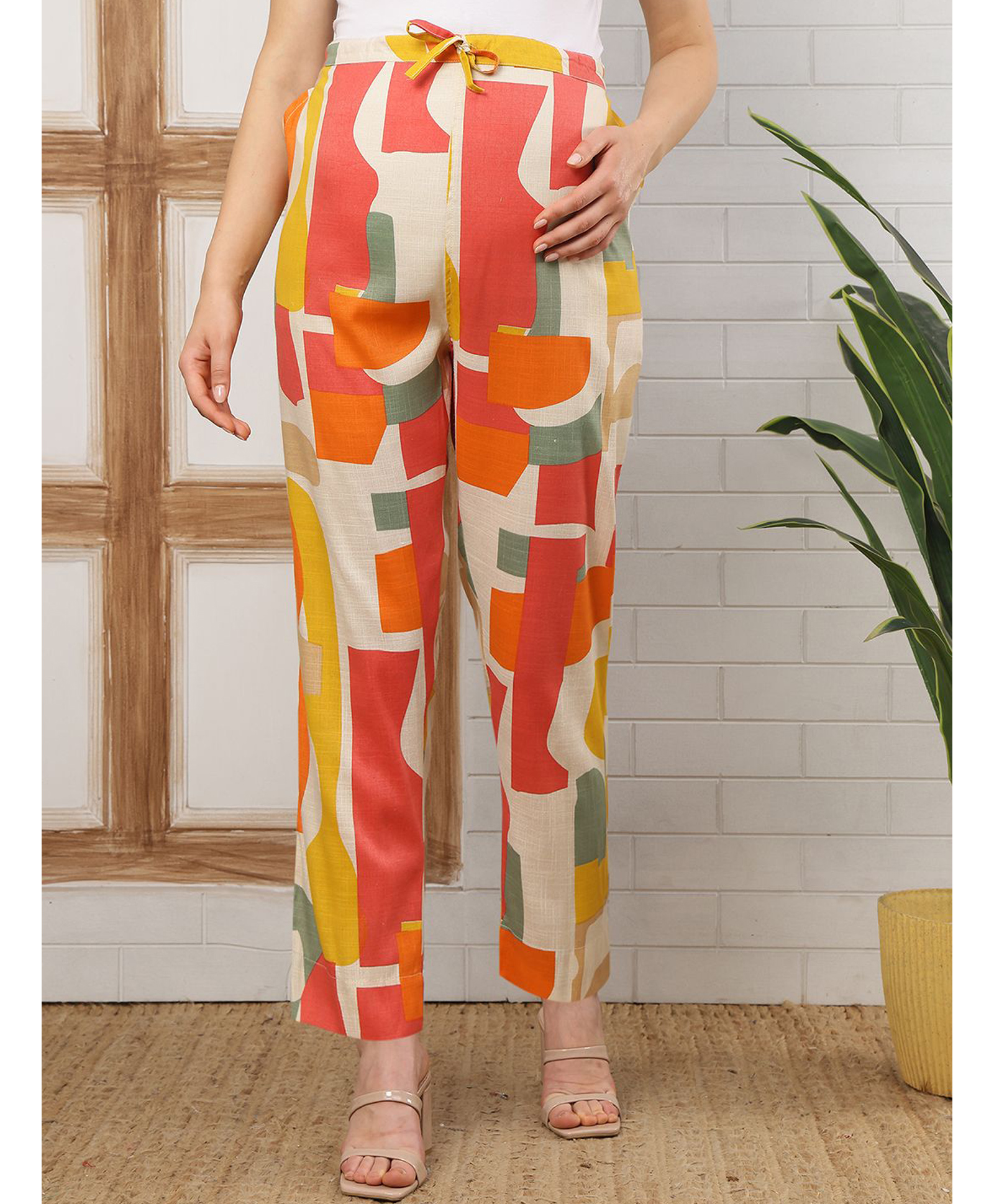 Moms Maternity Cotton Blend Woven Abstract Printed Maternity Pants - Mustard-picture-24