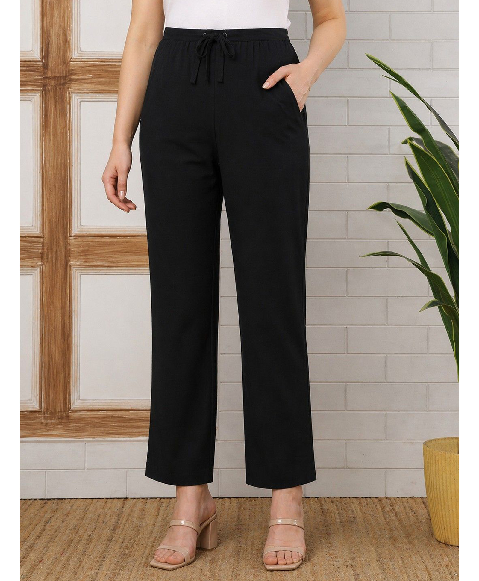 Moms Maternity Cotton Woven Solid Maternity Pants - Black-image-47
