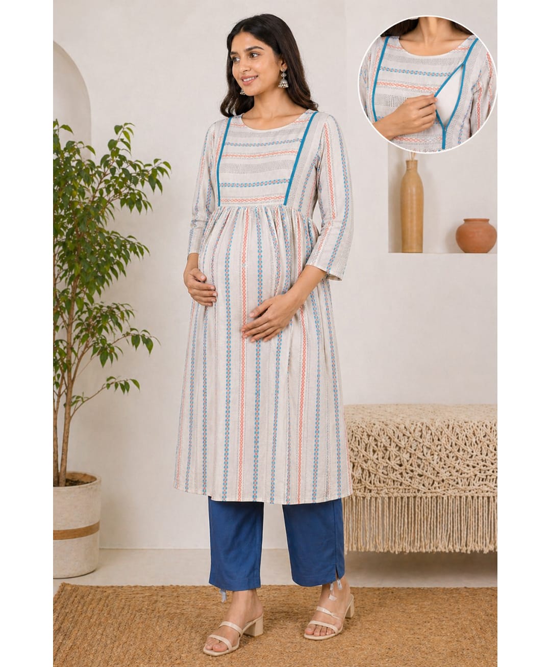 Moms Maternity Cotton Blend Woven Three Fourth Sleeves Abstract Printed Maternity Kurti With Side Zipper Nursing Access & Pants Set - Off White-image-46