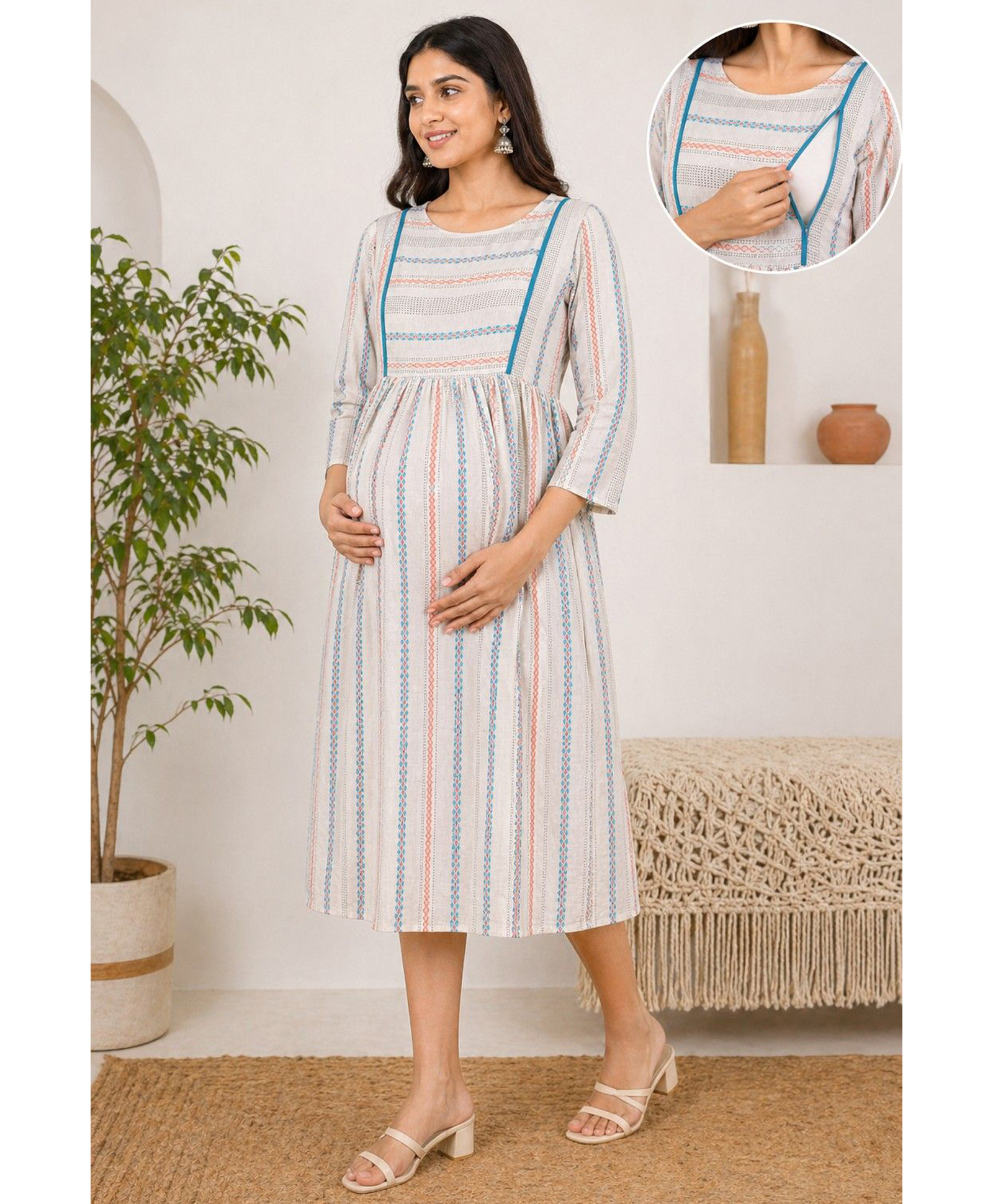Moms Maternity Cotton Blend Woven Three Fourth Sleeves Abstract Printed Maternity Kurti With Side Zipper Nursing Access - Off White-picture-16