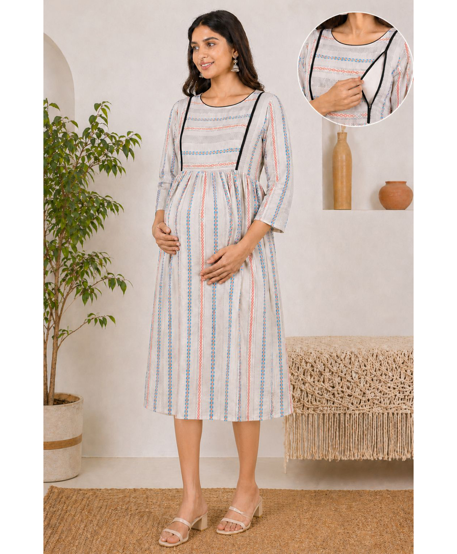 Moms Maternity Cotton Blend Woven Three Fourth Sleeves Abstract Printed Maternity Kurti With Side Zipper Nursing Access - Black-picture-15