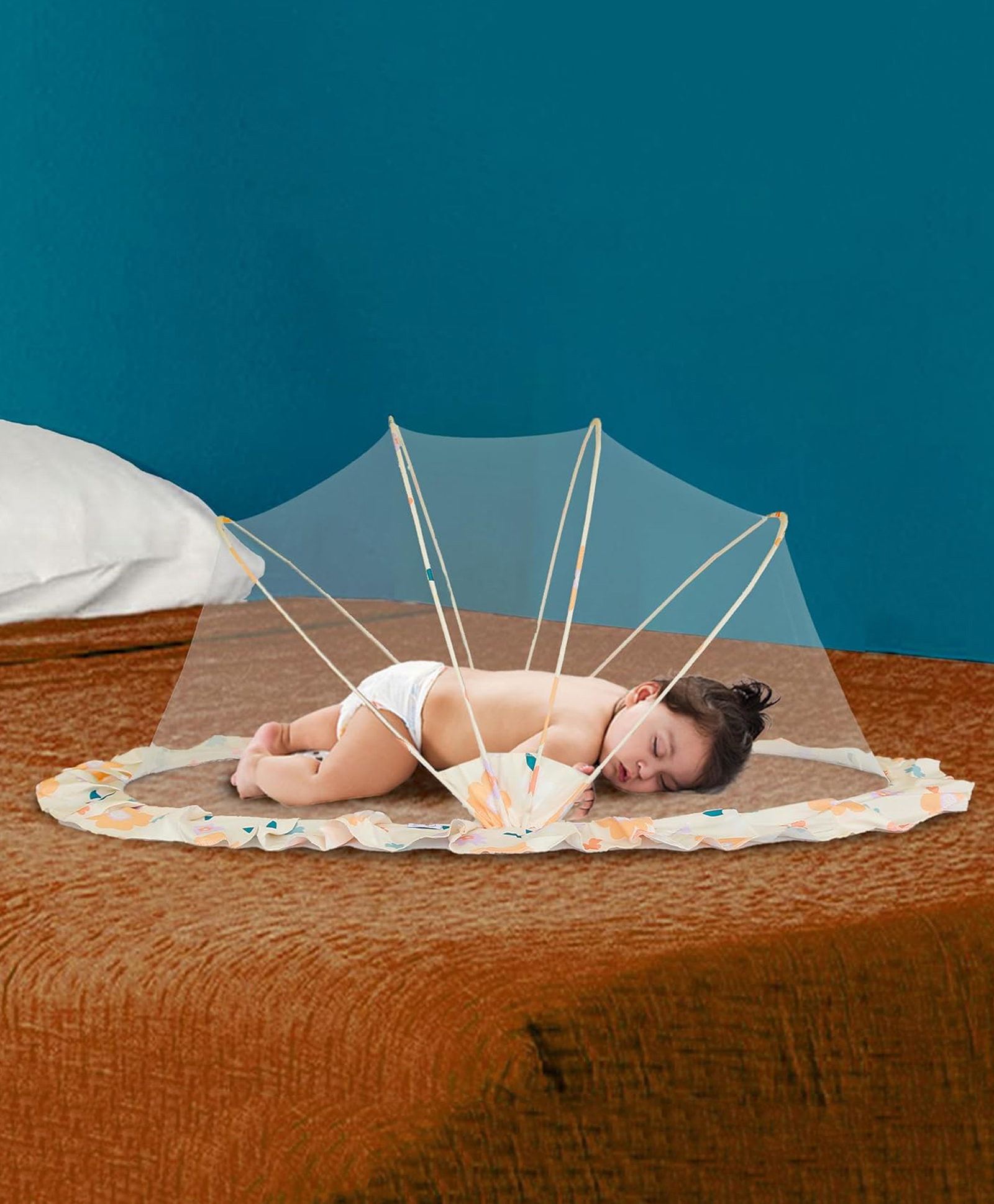 LifeKrafts Foldable Baby Mosquito Net Bottomless Net for Infants - Cream Floral-picture-17