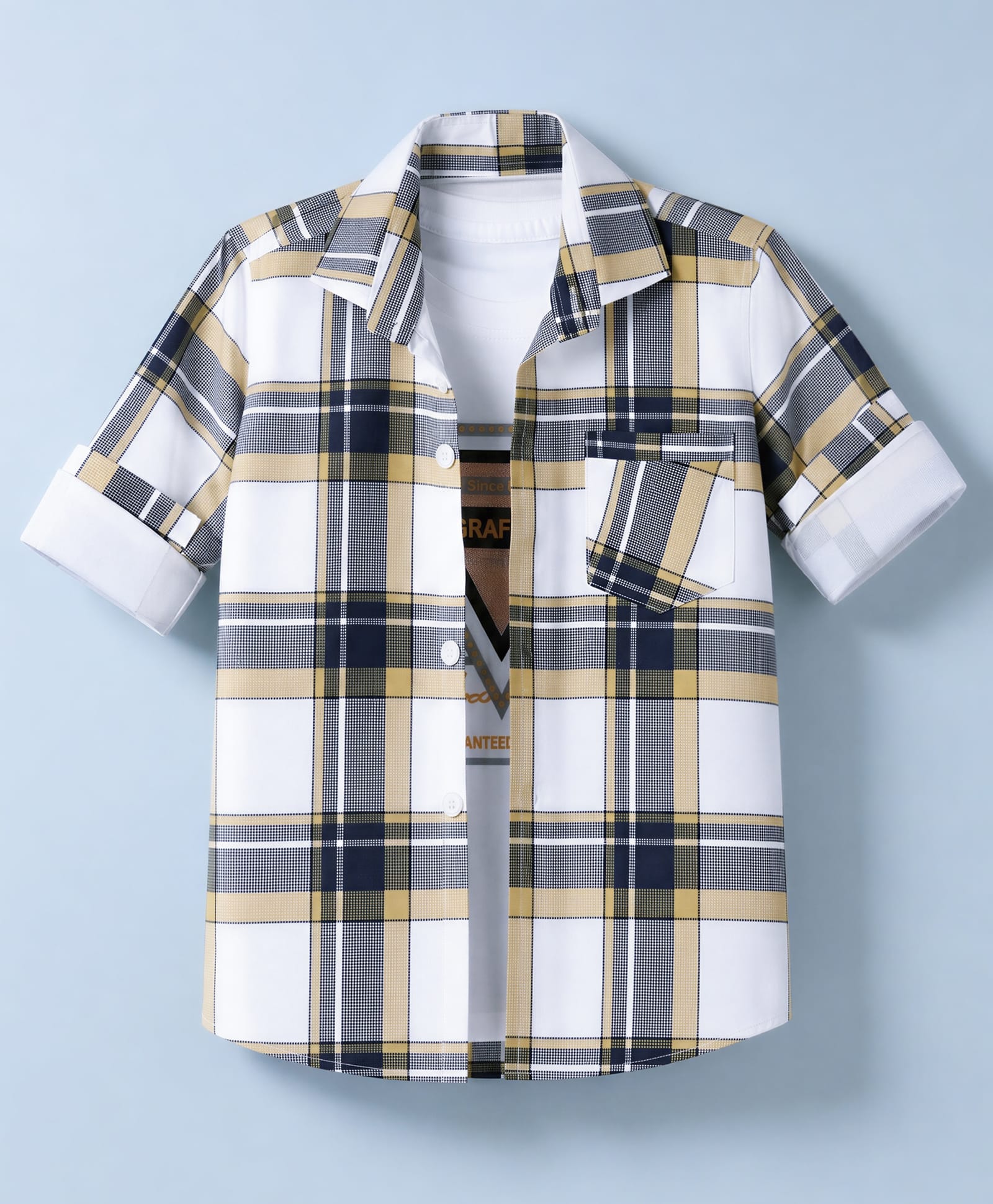 Radutu Cotton Woven Full Sleeves Checks Shirt With Separate Text Print T-Shirt - Mustard, White & Black-picture-15