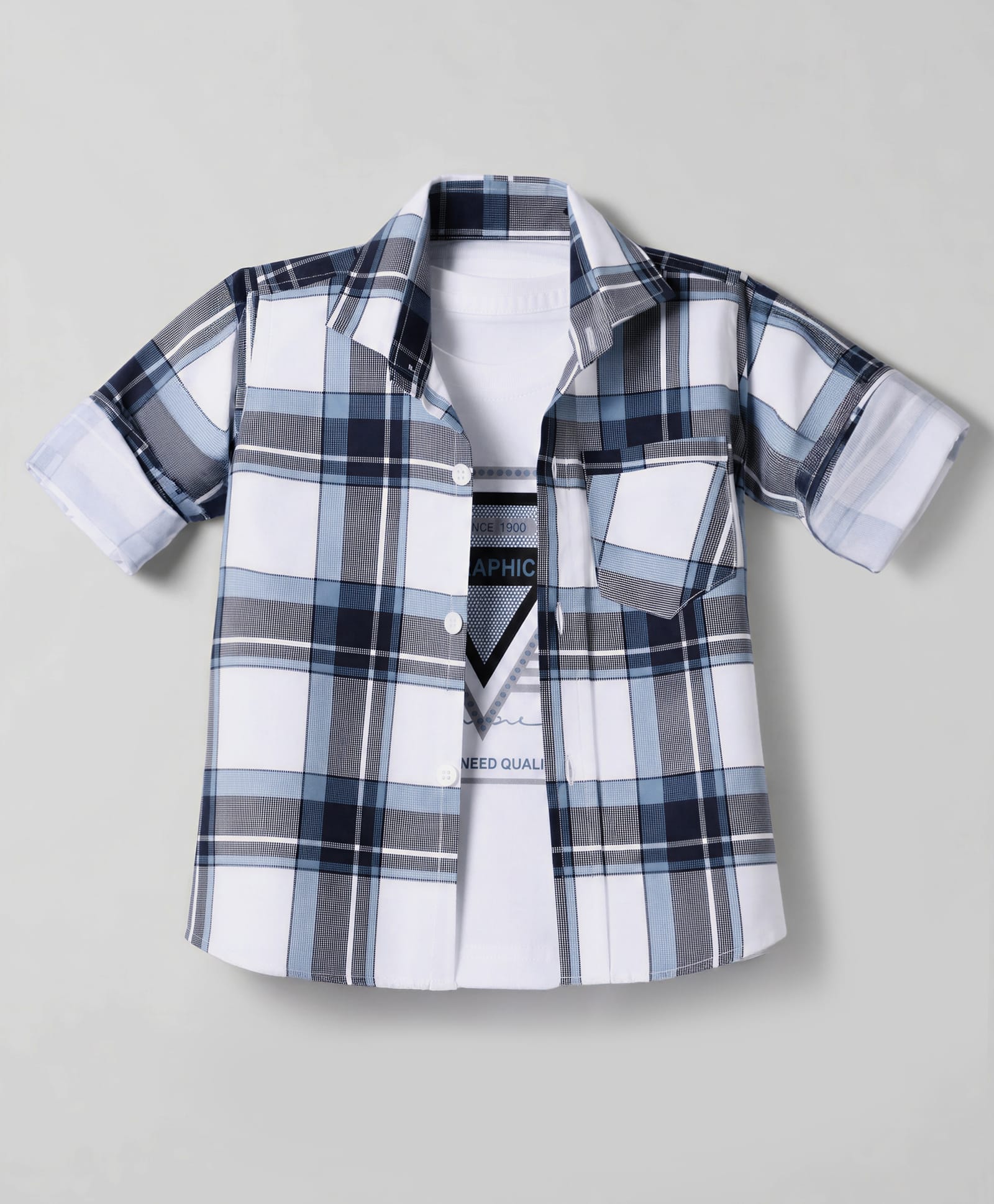 Radutu Cotton Woven Full Sleeves Checks Shirt With Separate Text Print T-shirt - White, Blue & Light Blue-picture-22