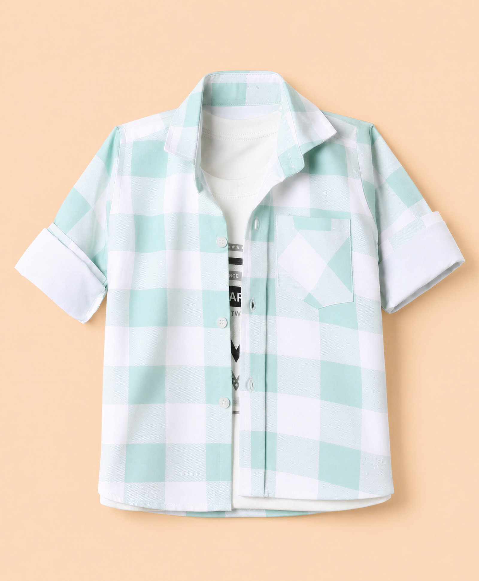 Radutu Cotton Woven Full Sleeves Checks Shirt With Separate Text Print T-shirt - White & Turquoise-picture-30