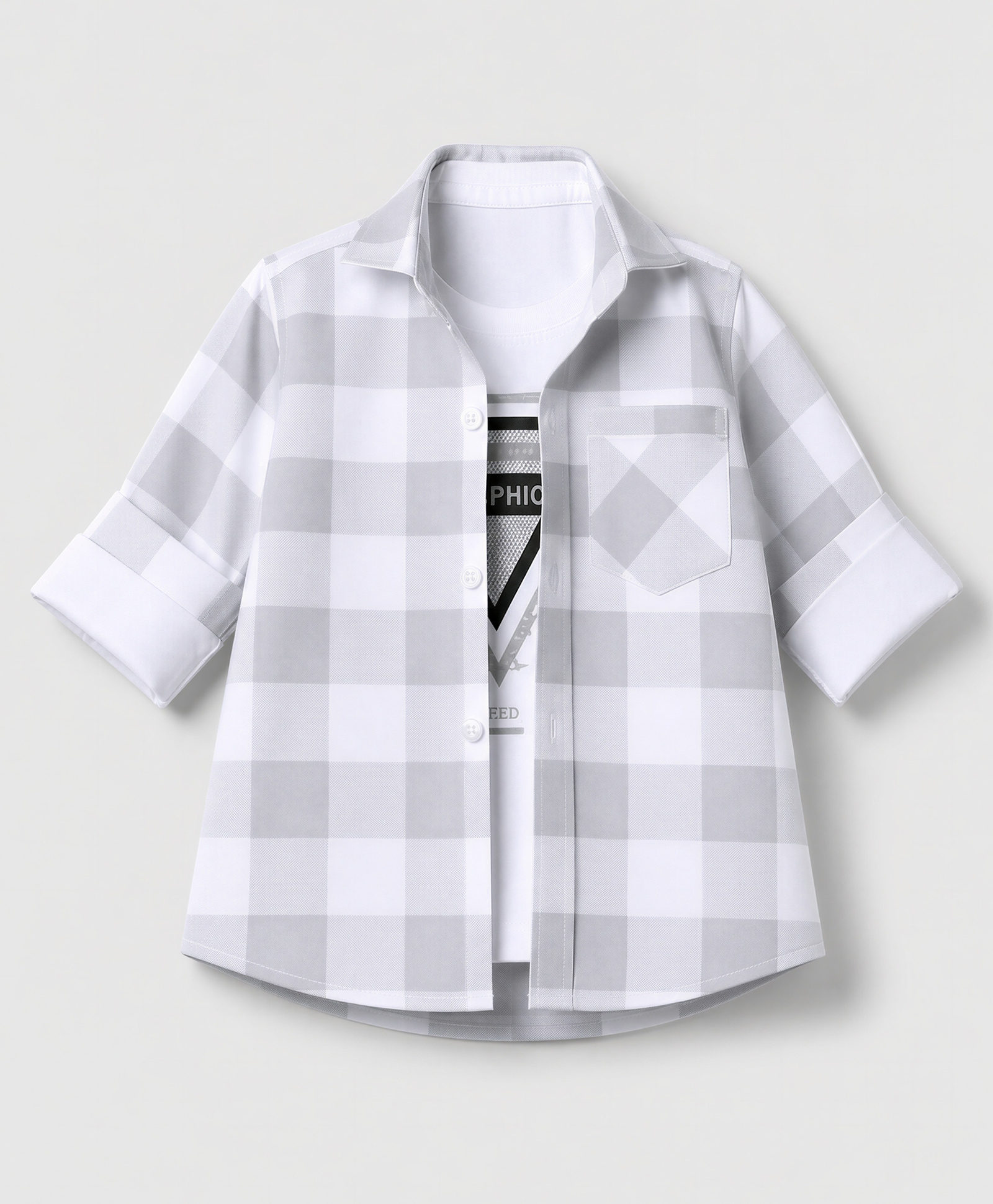Radutu Cotton Woven Full Sleeves Checks Shirt With Separate Text Printed T-Shirt - White & Grey-picture-15