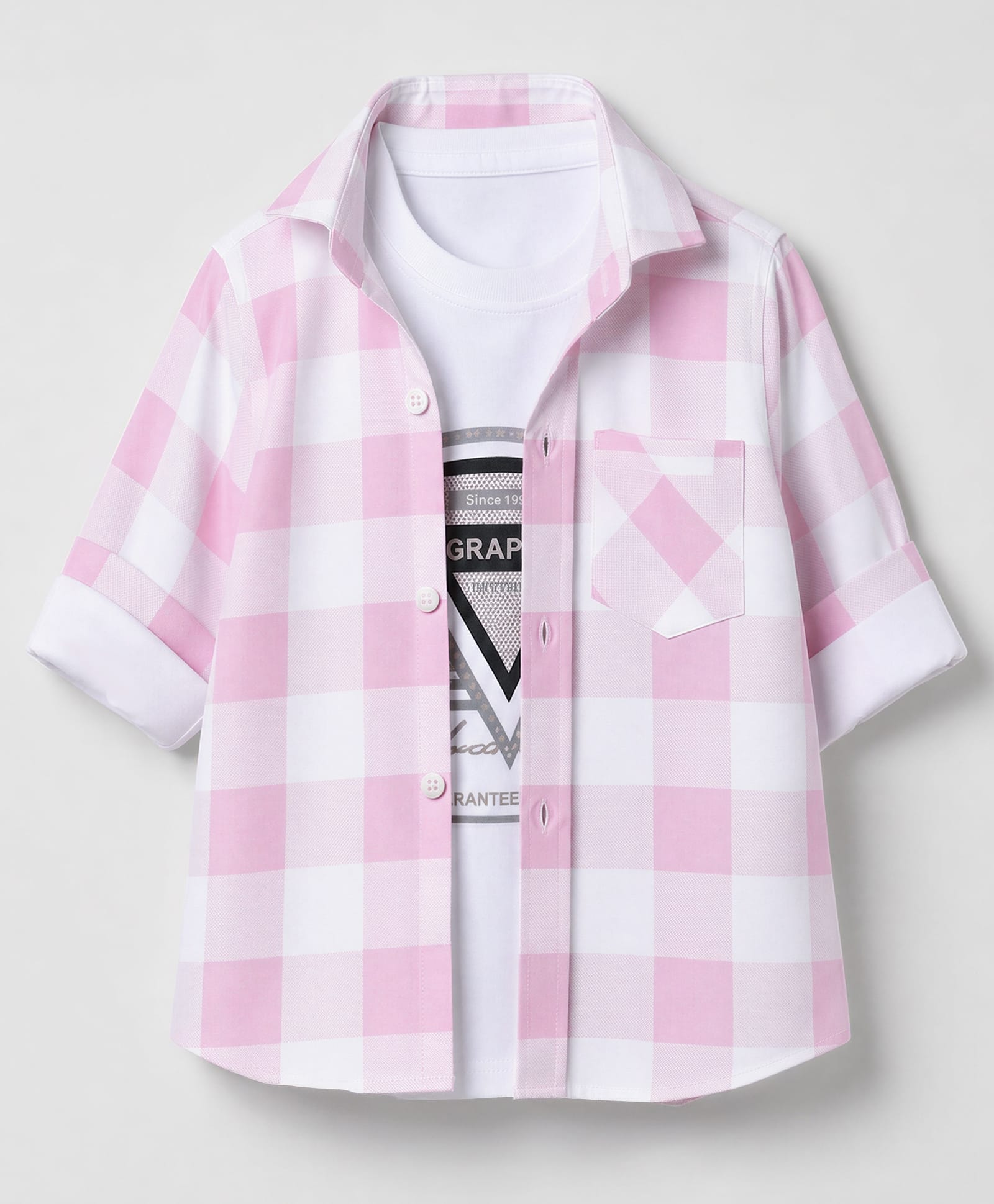 Radutu Cotton Woven Full Sleeves Checks Shirt With Separate Text Print T-Shirt - White & Pink-picture-19