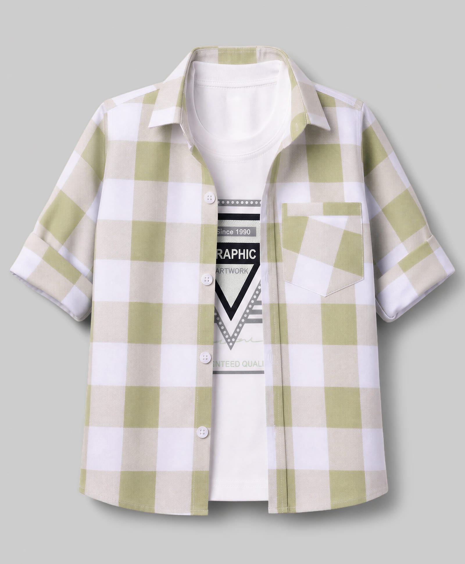 Radutu Cotton Woven Full Sleeves Checks Shirts With Separate Text Print T-Shirt - Olive Green & White-image-3
