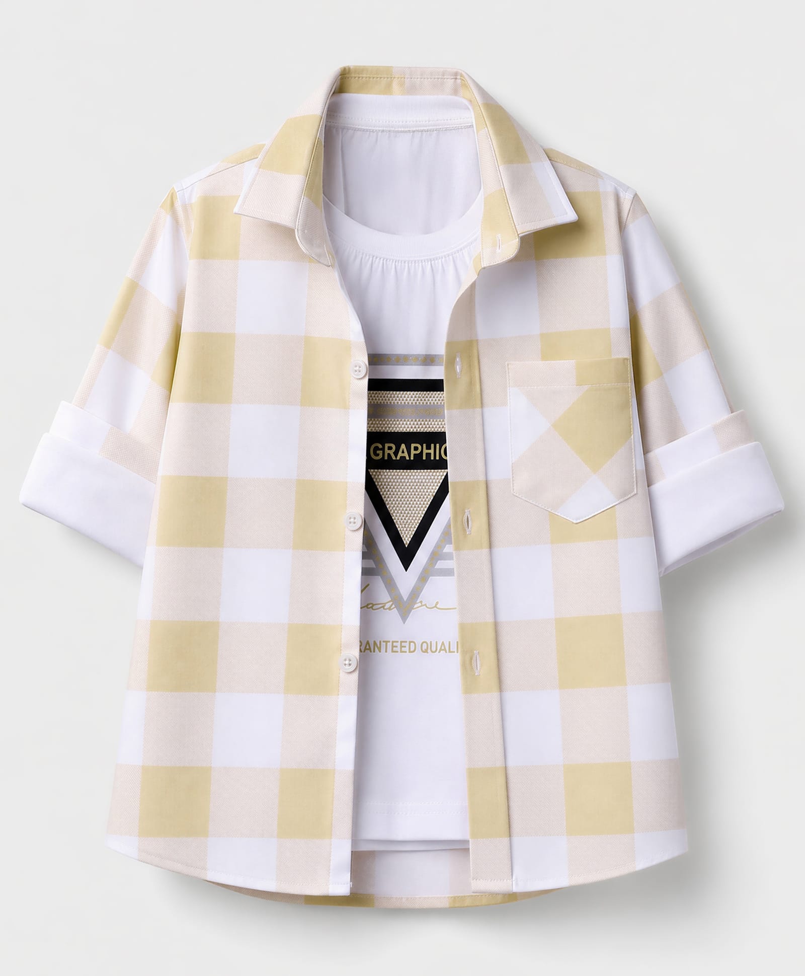 Radutu Cotton Woven Full Sleeves Checks Shirt With Separate Text Print T-Shirt - White & Yellow-picture-35