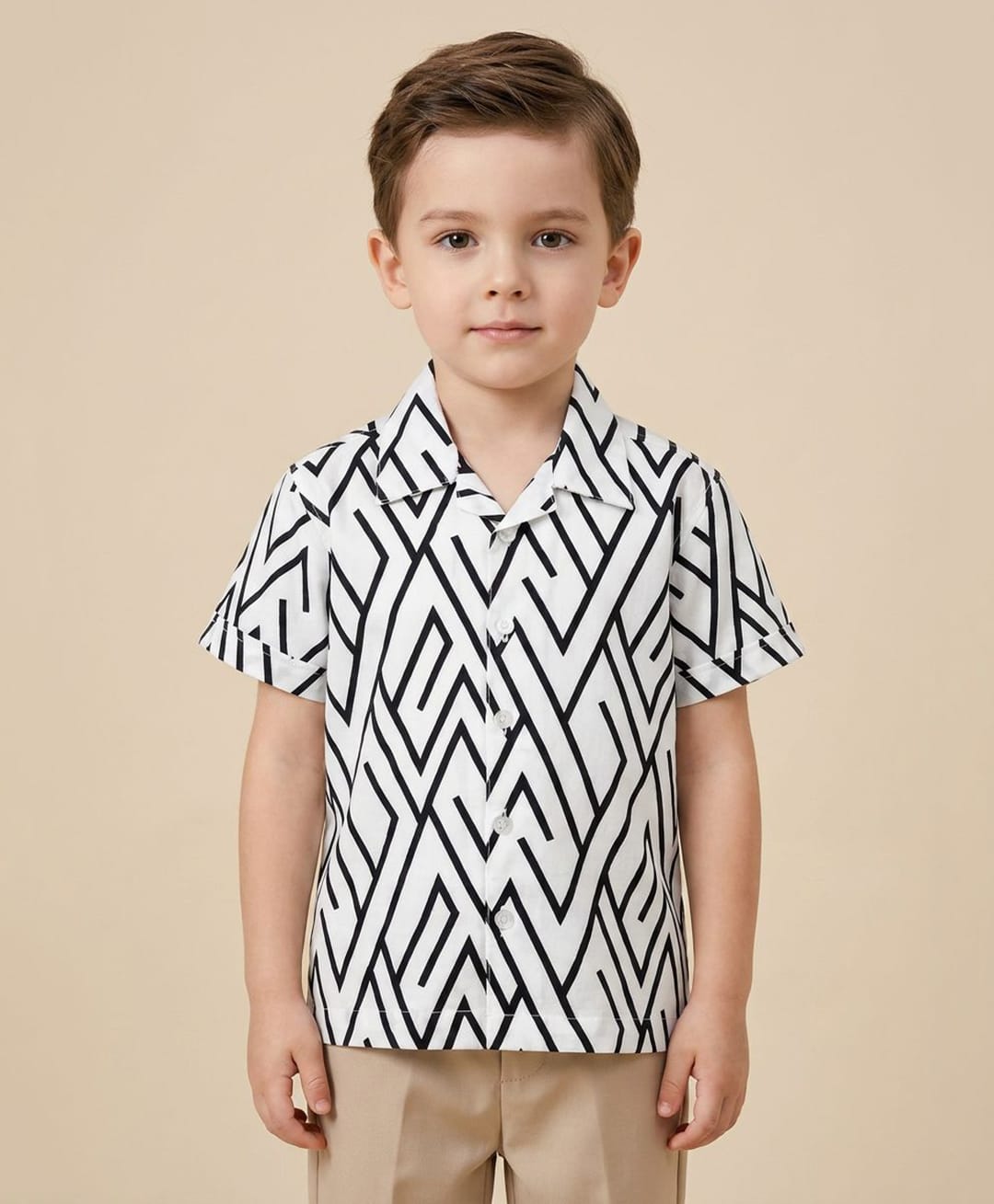 Rikidoos Cotton Woven Half Sleeves Shirt with Geometric Print - White-picture-8
