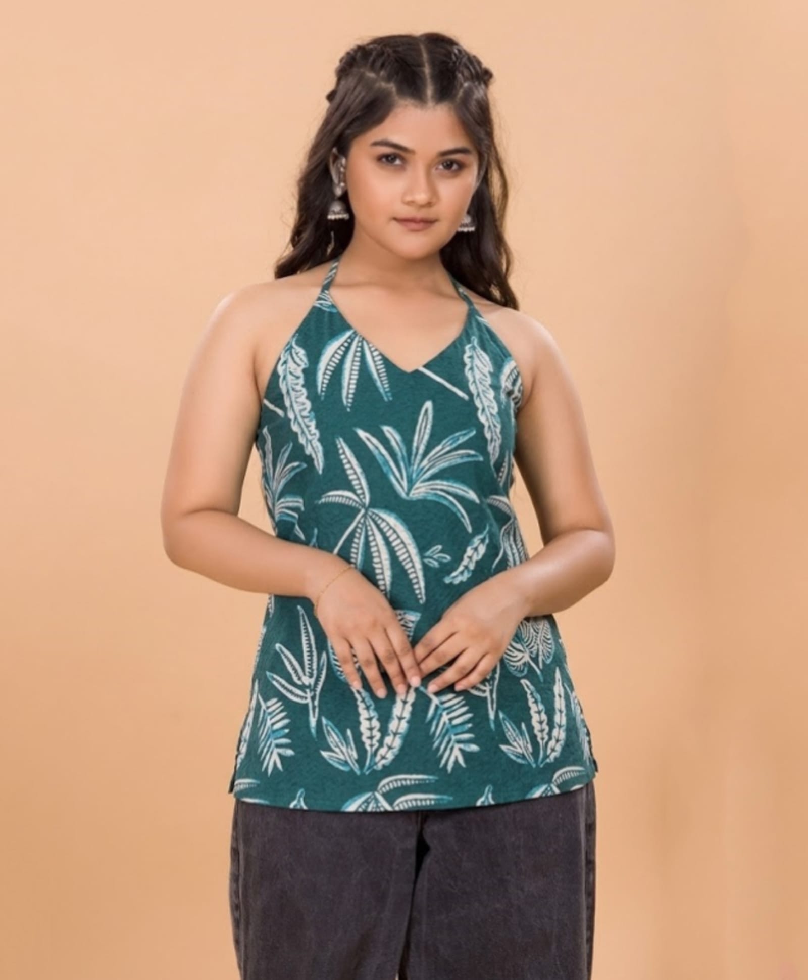 TeenTrums Cotton Woven Sleeveless Tropical Theme Printed Kurti Style Top - Teal Blue-image-23