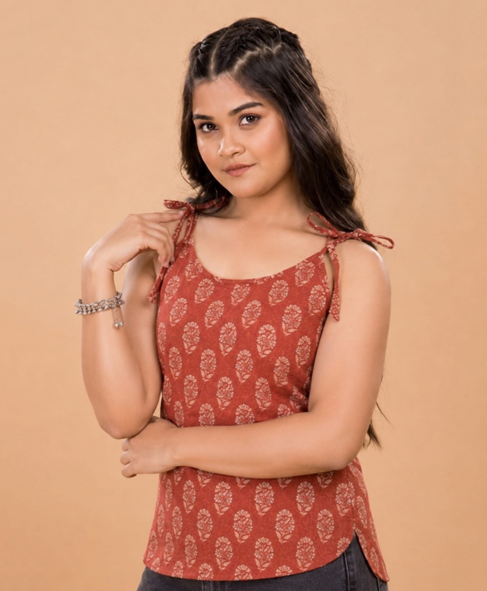 TeenTrums Cotton Woven Sleeveless Floral Printed Kurti Style Top - Red-picture-10