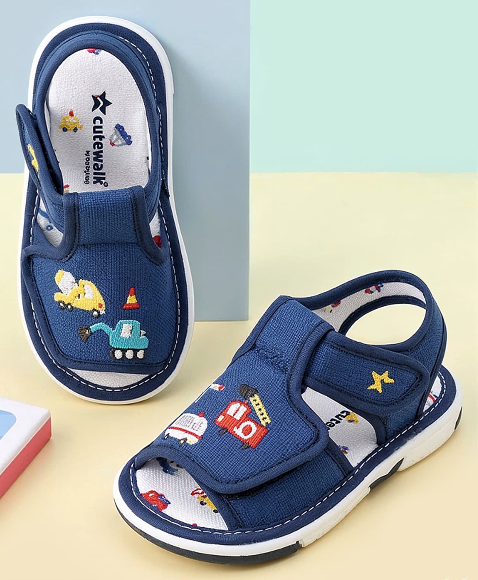 Cute Walk by Babyhug Velcro Musical Sandals With Vehicle Embroidery - Navy Blue