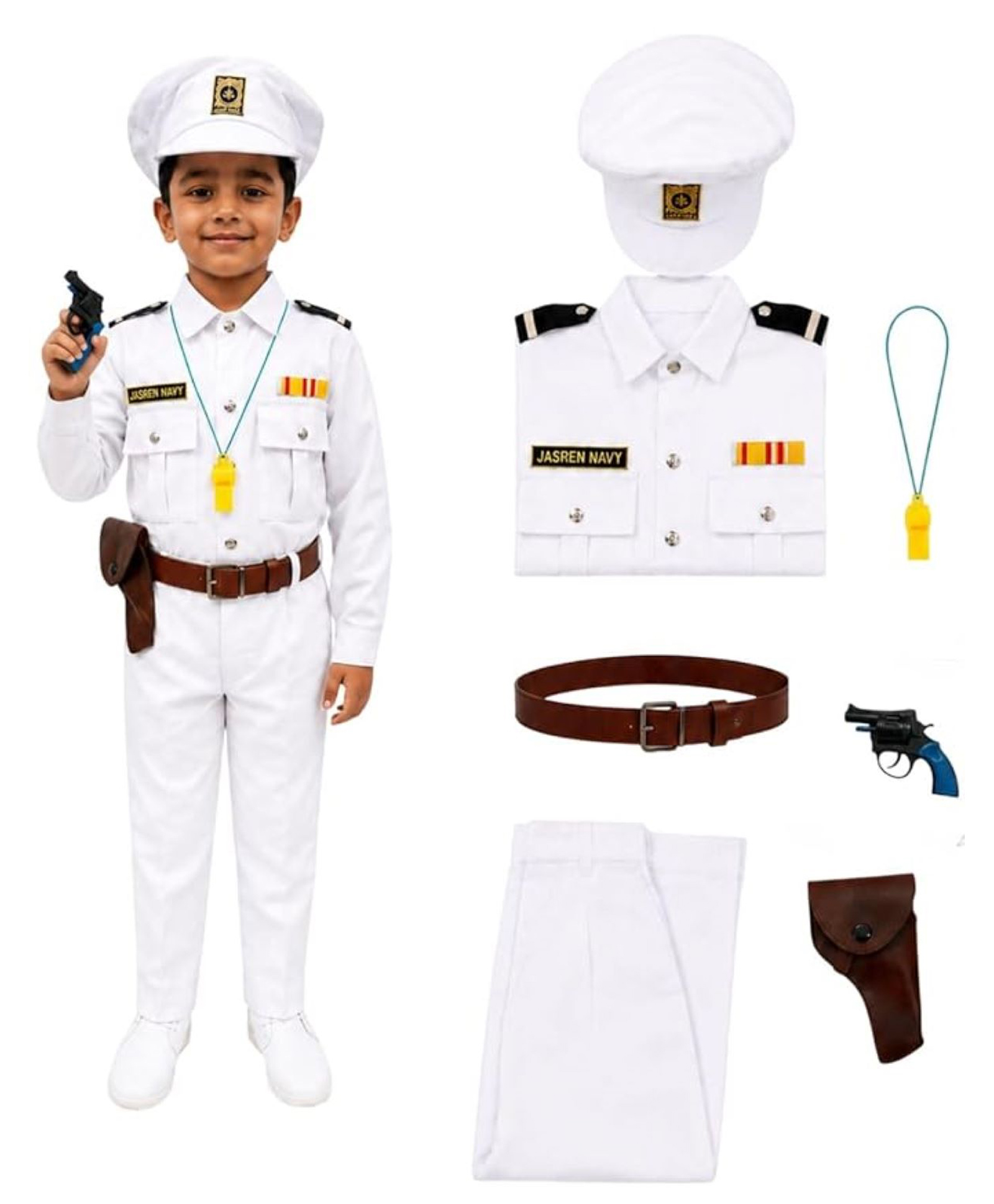 BookMyCostume Woven Full Sleeves Navy Soldier Theme Fancy Dress Costume Set With Gun Whistle & Belt - White-image-8
