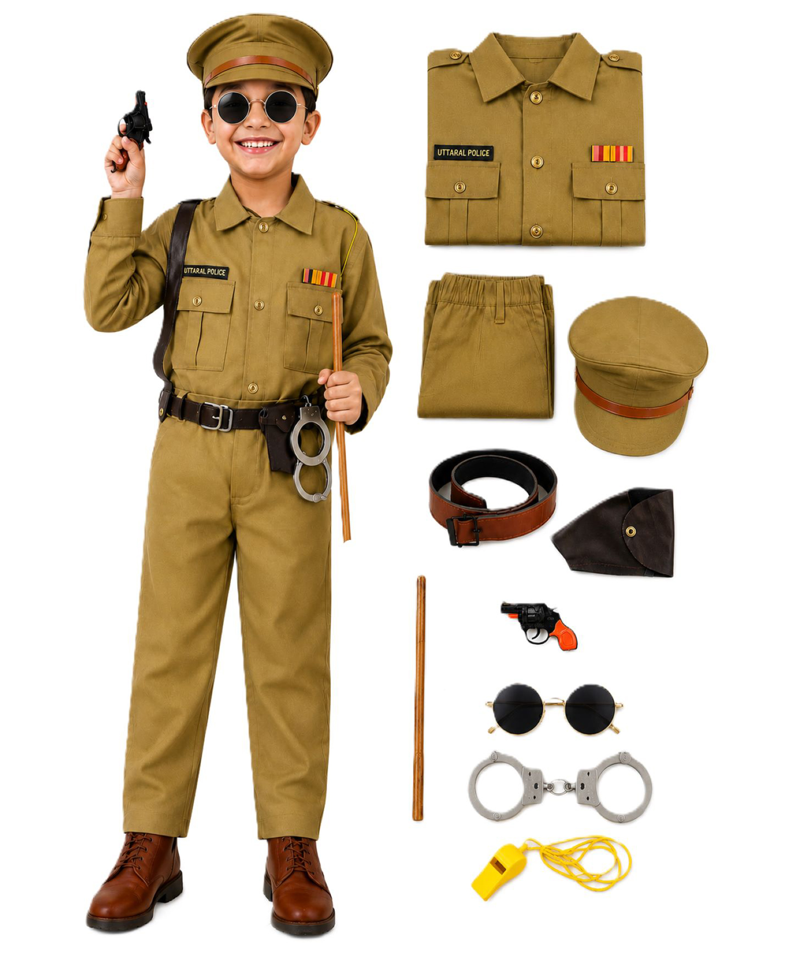 BookMyCostume Woven Full Sleeves Police Officer Theme Fancy Dress Costume Set With Gun Whistle & Belt - Khaki-image-17
