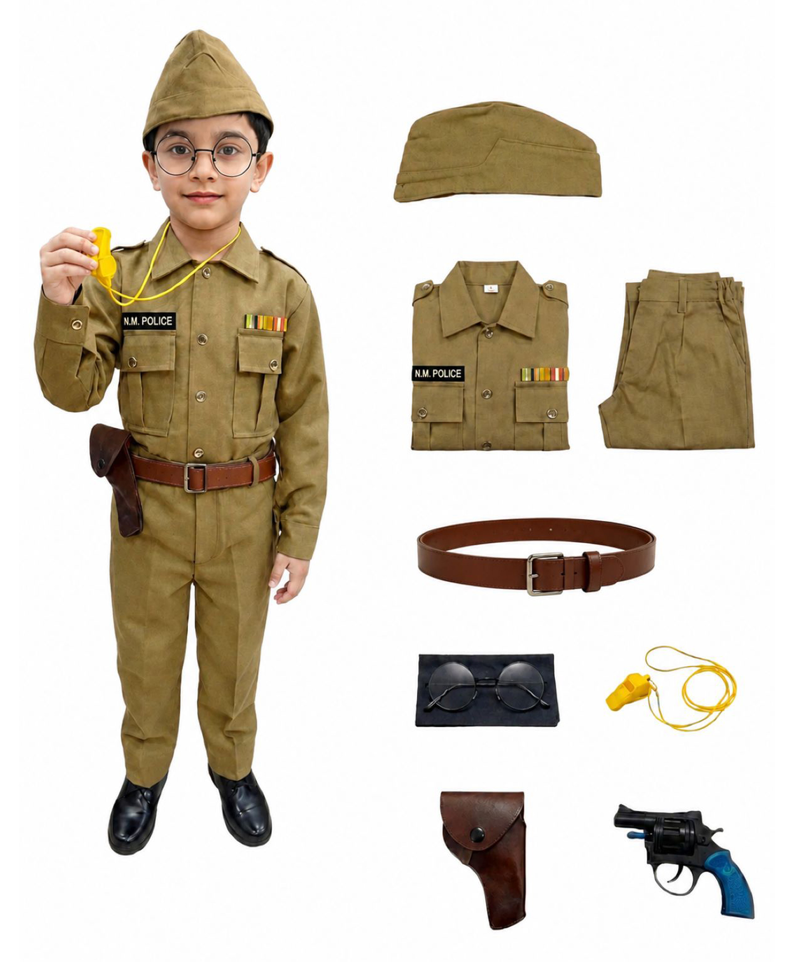 BookMyCostume Woven Full Sleeves Netaji Subhash Chandra Bose Theme Fancy Dress Costume Set With Gun Whistle & Belt - Khaki-image-19